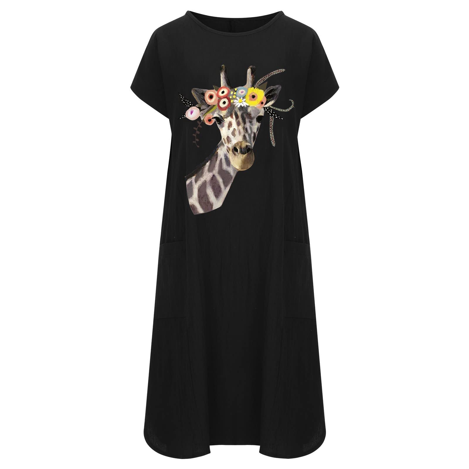 Women's Giraffe Print Loose Short Sleeve Summer Dress - Casual Round Neck T-Shirt Dress for Beach, Vacation & Everyday Wear