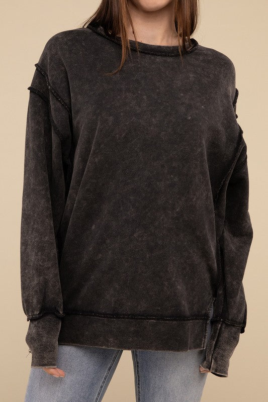 Acid Wash French Terry Exposed Seam Sweatshirt | Vintage Distressed Pullover | Casual Streetwear for Men & Women | Perfect for Fall Layering and Urban Fashion