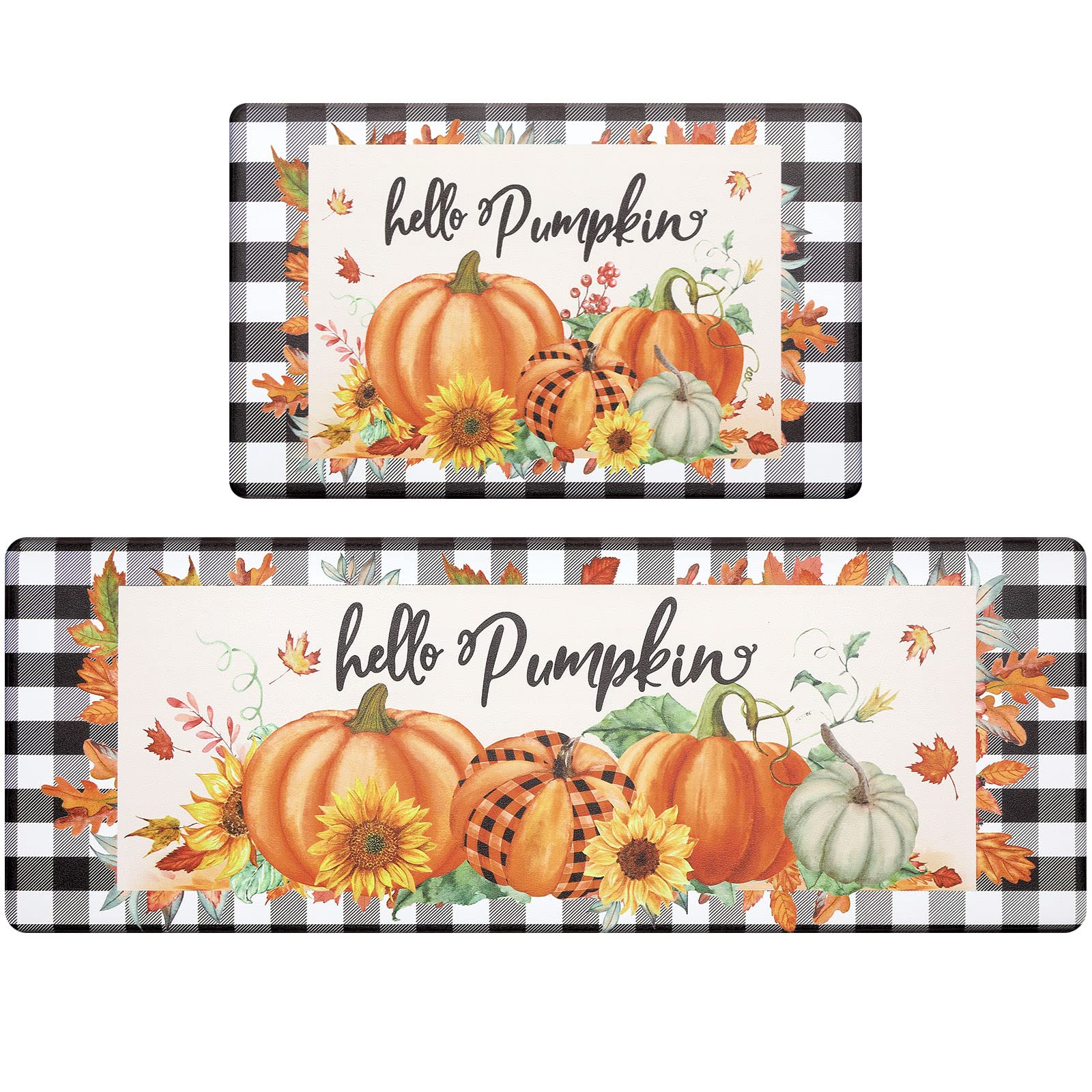 Pauwer Pumpkin Kitchen Rugs Set of 2 - Non-Slip Anti-Fatigue Farmhouse Floor Mats with Buffalo Plaid Design for Fall & Thanksgiving Decor | Perfect for Kitchen, Dining Room, and Entryway
