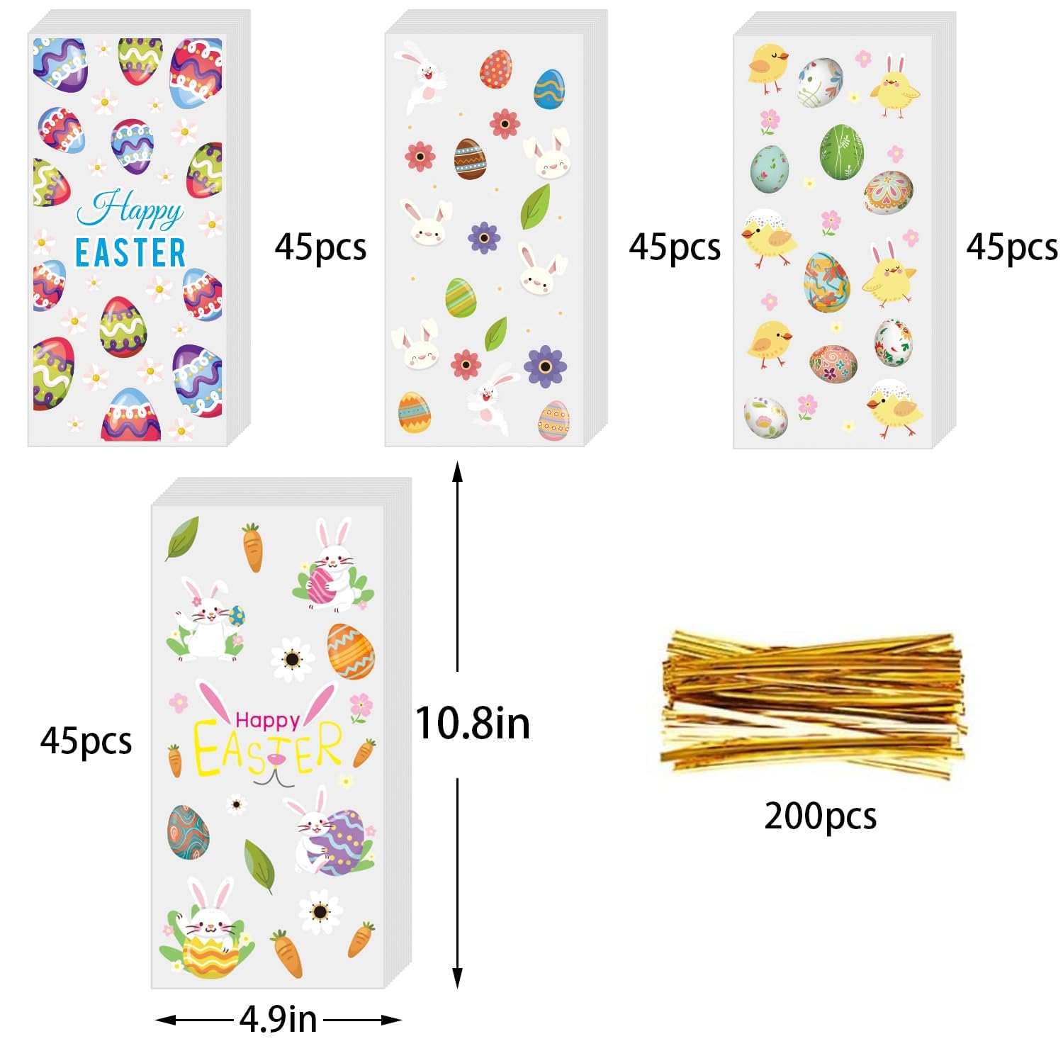 ONFAON Easter Cellophane Treat Bags - 180pcs with 200pcs Twist Ties for Snacks, Cookies, Candy Packaging - Perfect for Easter Party Favors, Holiday Gift Wrapping & Classroom Treats