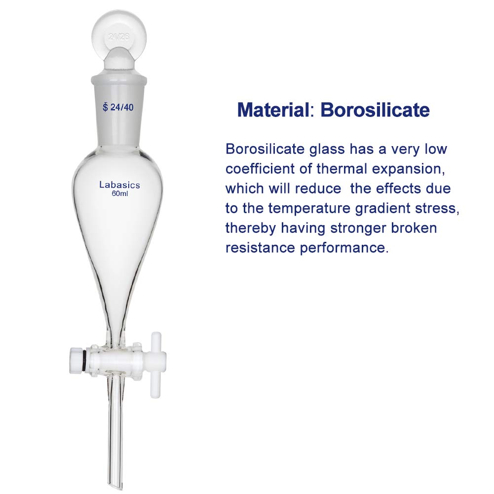 Labasics 60ml Borosilicate Glass Conical Separatory Funnel with PTFE Stopcock - Premium Lab Equipment for Chemical Extraction, Liquid Separation & Essential Oil Distillation (Perfect for Chemistry Labs, Home Brewing & DIY Essential Oils)