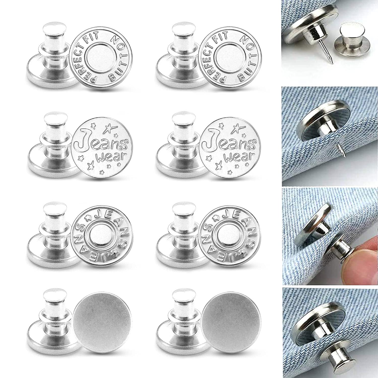 8 Pcs Jean Button Pins for Jeans & Pants - 6 Styles Removable Adjustable No Sew Buttons - TikTok Fashion Accessories - Easy to Use No Tools Required for DIY Clothing Repair & Outfit Customization