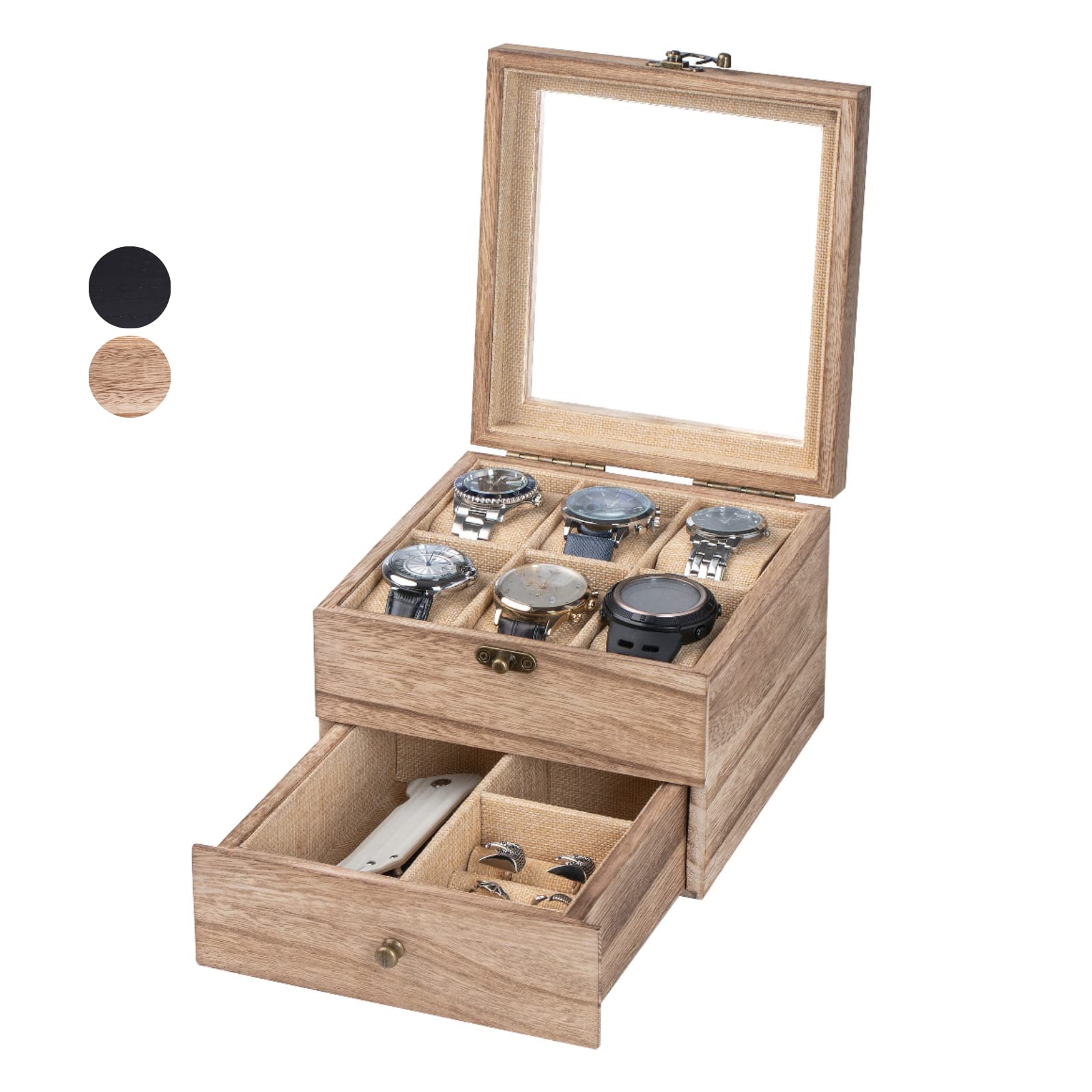 Premium Wooden Watch Box with Large Glass Lid - 2 Layers & 6 Slots Watch Display Case for Men & Women - Perfect for Watch Collection Storage, Gift Presentation & Travel Organization