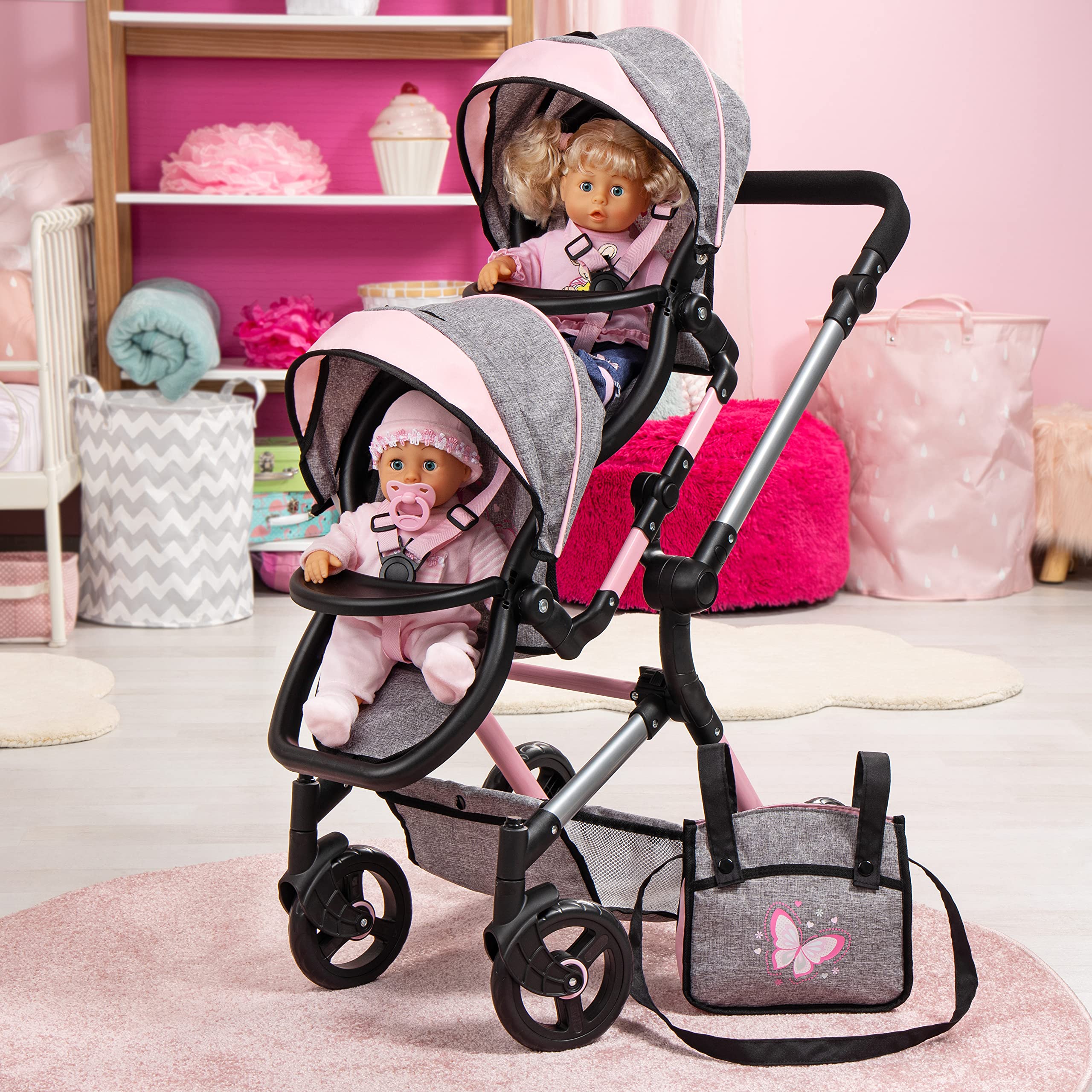 Bayer Twin Doll Stroller Neo - Gray & Pink Butterfly Design, Denim Look - Perfect for Role Play, Pretend Play, and Outdoor Adventures with Kids