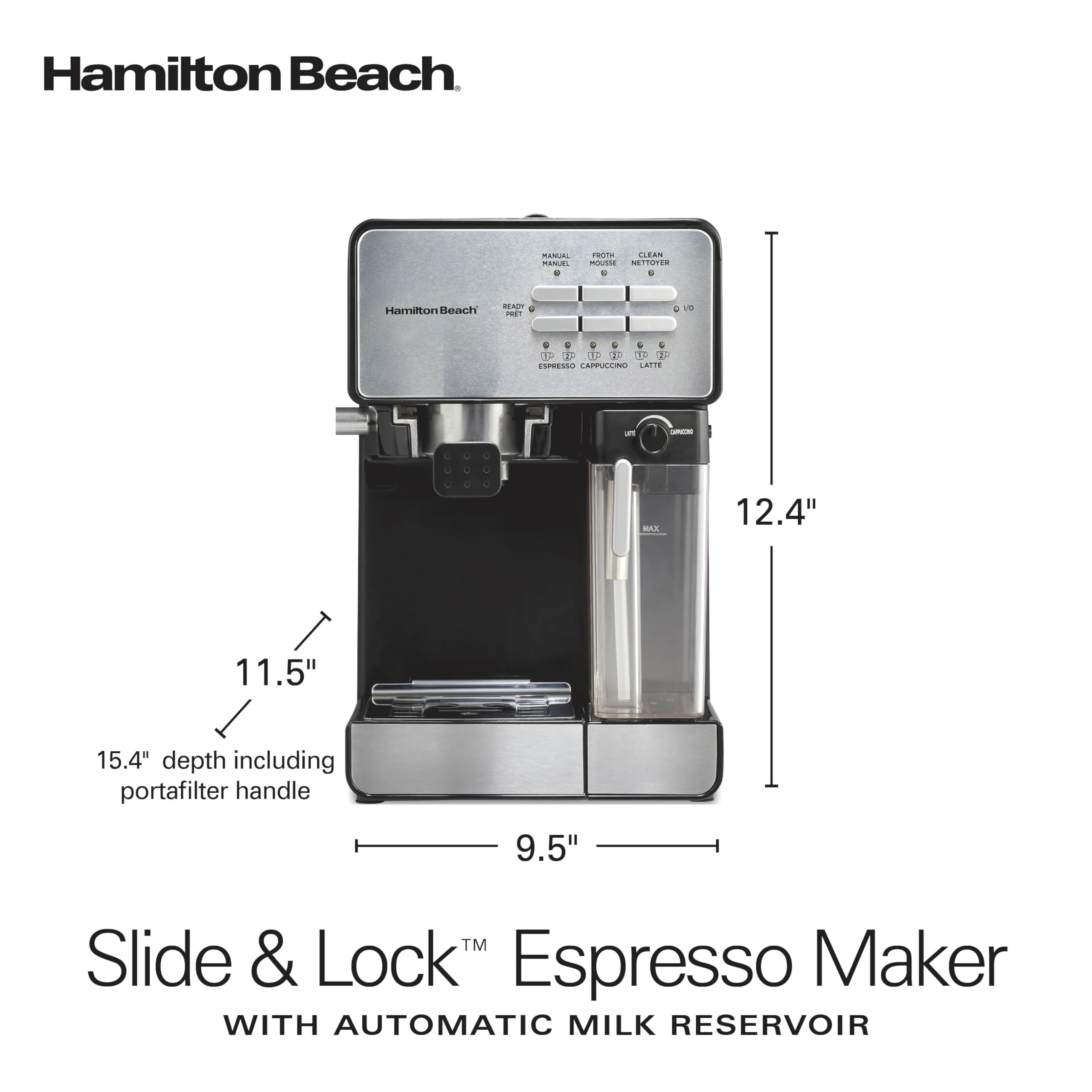 Hamilton Beach 40750 Slide & Lock Espresso Machine - 15 Bar Pump Coffee Maker with Milk Frother for Café-Quality Cappuccino & Latte - 70oz Removable Water Tank - Black | Perfect for Home Baristas & Coffee Lovers (Office, Kitchen, Breakfast Nook)