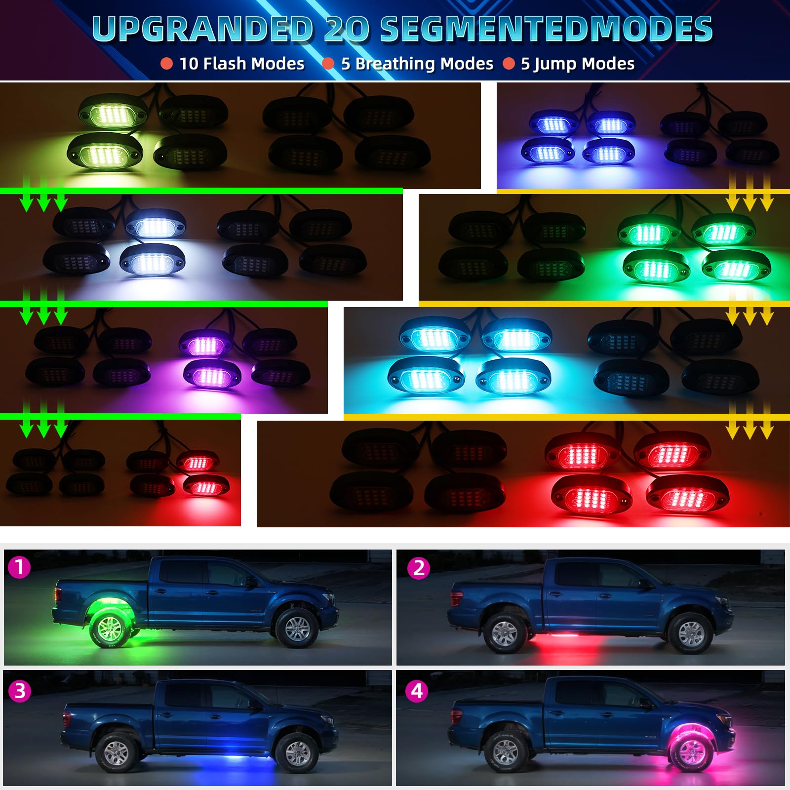 16 Pods RGB LED Rock Lights for Semi Trucks, Offroad Pickup, Trailer & Sedan - APP/RF Controlled Multicolor Underglow Lighting Kit, 12V Waterproof Vehicle Neon Lights for Off-Roading, Car Shows & Night Cruising