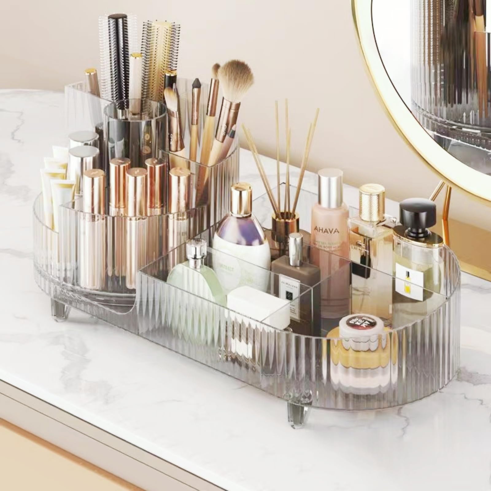 360° Rotating Makeup Organizer with Large Capacity - Clear Acrylic Cosmetic Display Case Holds 20+ Brushes, 10 Lipsticks & 8 Skincare Products | Perfect for Vanity, Bathroom & Travel Organization