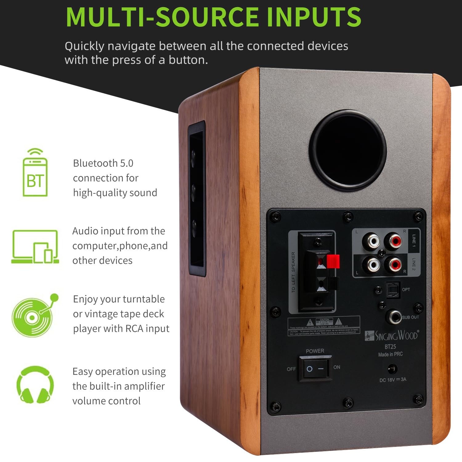 SINGING WOOD BT25 (2024 Version) 80W Bluetooth Bookshelf Speakers with Optical/Aux Inputs & Subwoofer Line Out - Wooden Enclosure for PC, TV, Turntable - Perfect for Home Theater, Gaming & Music Listening (Beach Wood Finish)