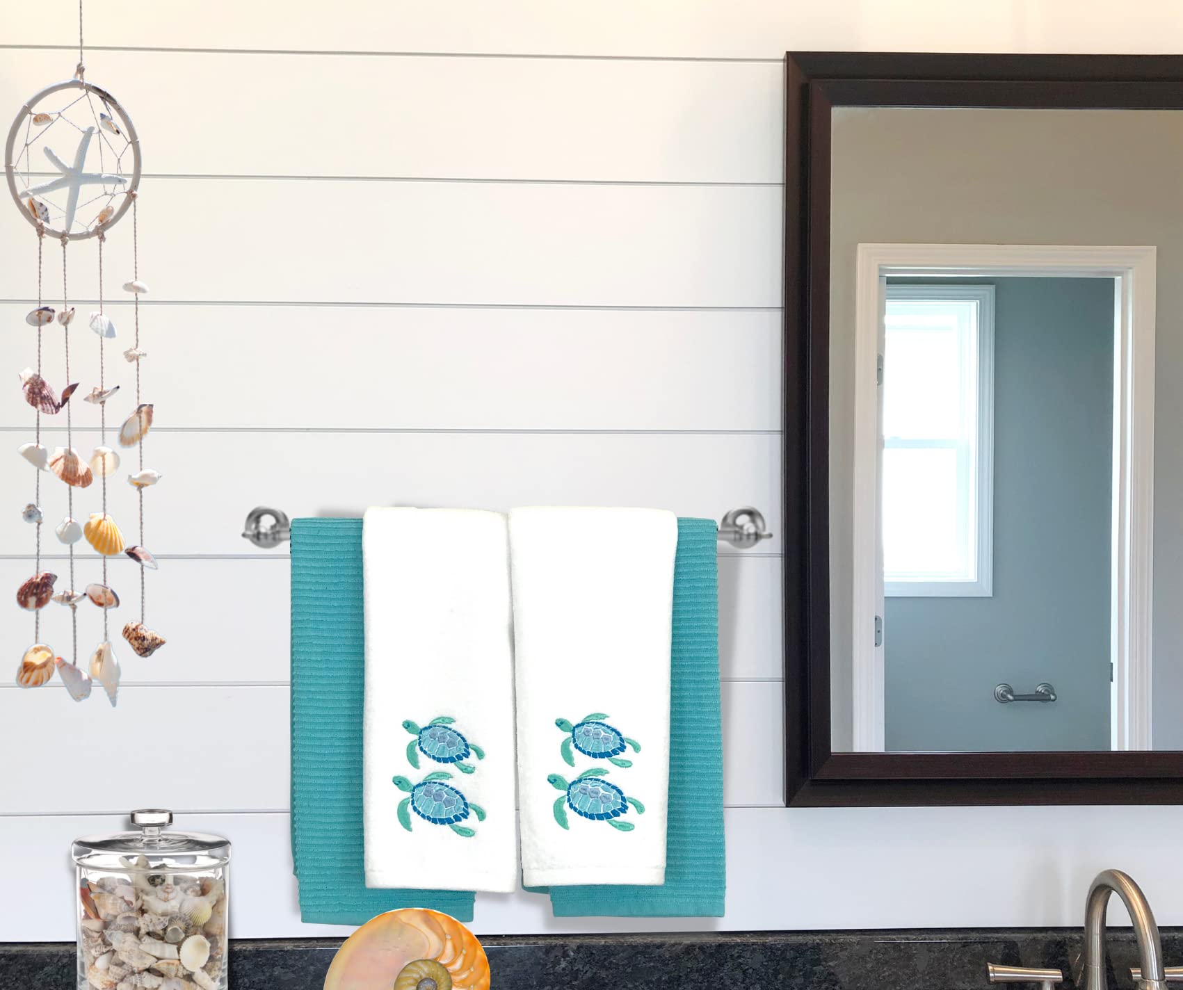Premium Soft Absorbent Sea Turtle Hand Towels Set of 2 - Bright Aqua Blue Turquoise with Embroidery Design for Bathroom, Kitchen & Beach Use - Eco-Friendly Guest Towels for Summer Decor