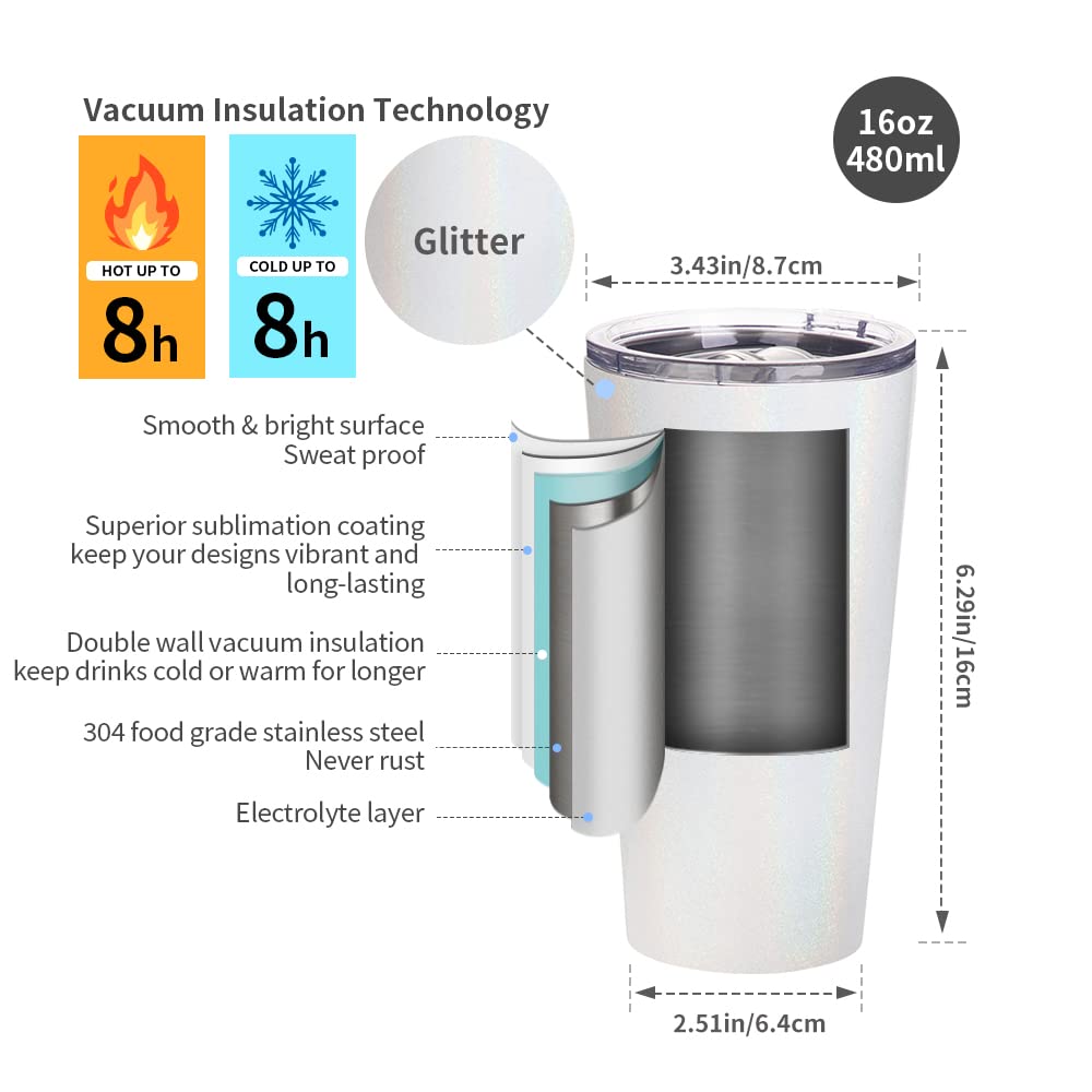 Sparkle Glitter Stainless Steel Sublimation Tumblers 16oz (Set of 4) - White Coffee Cups for DIY Crafting, Perfect for Sublimation Printing, Oven Safe, Great for Gifts, Home & Office Use