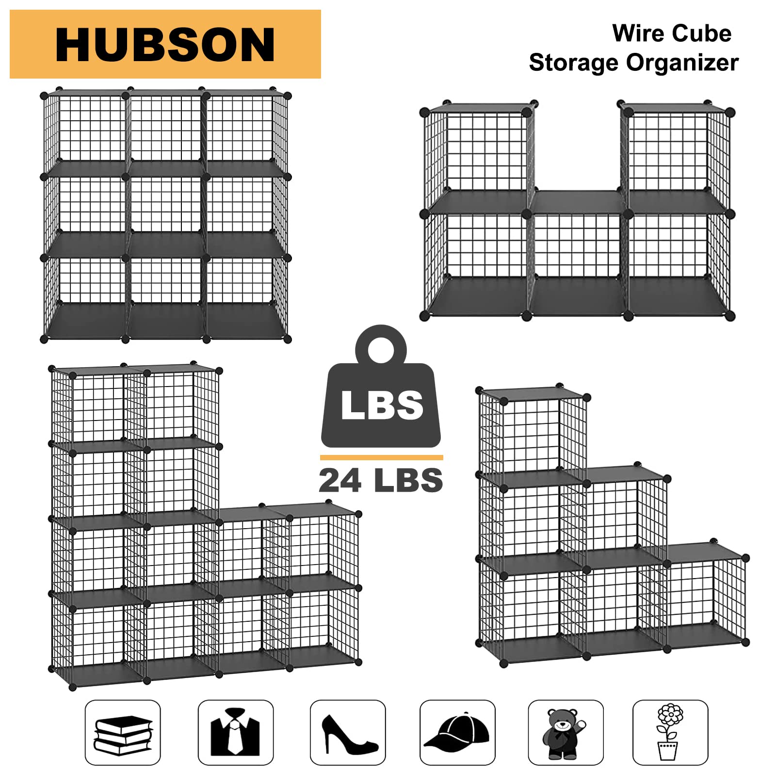 HUBSON 9-Cube Wire Storage Organizer - Freely Combinable Metal Grid Shelf for Books, Toys, Crafts, Potted Plants & Pet Supplies | Space-Saving Closet & Home Organization Solution (Black Iron Finish) - Perfect for Bedrooms, Playrooms & Home Offices