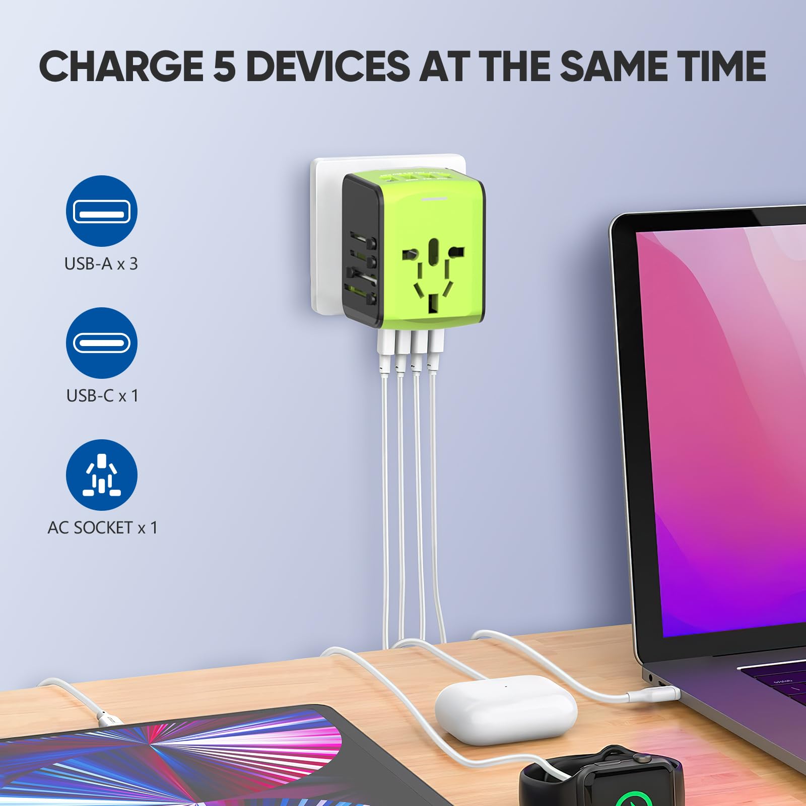 Universal Travel Adapter with USB-C Fast Charging - Worldwide All-in-One Power Plug Converter for Europe, Italy, US, Australia & 170+ Countries | Perfect for Business Trips, Vacations & International Travel Accessories