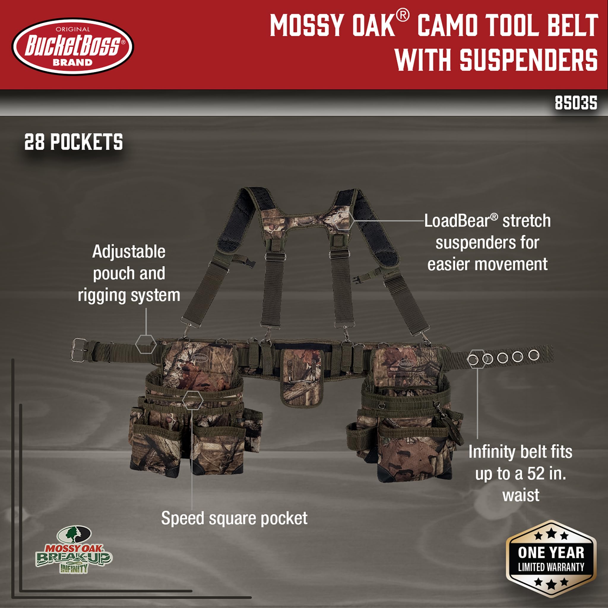 Bucket Boss Camo Tool Belt with Suspenders - Original Series (85035) 52