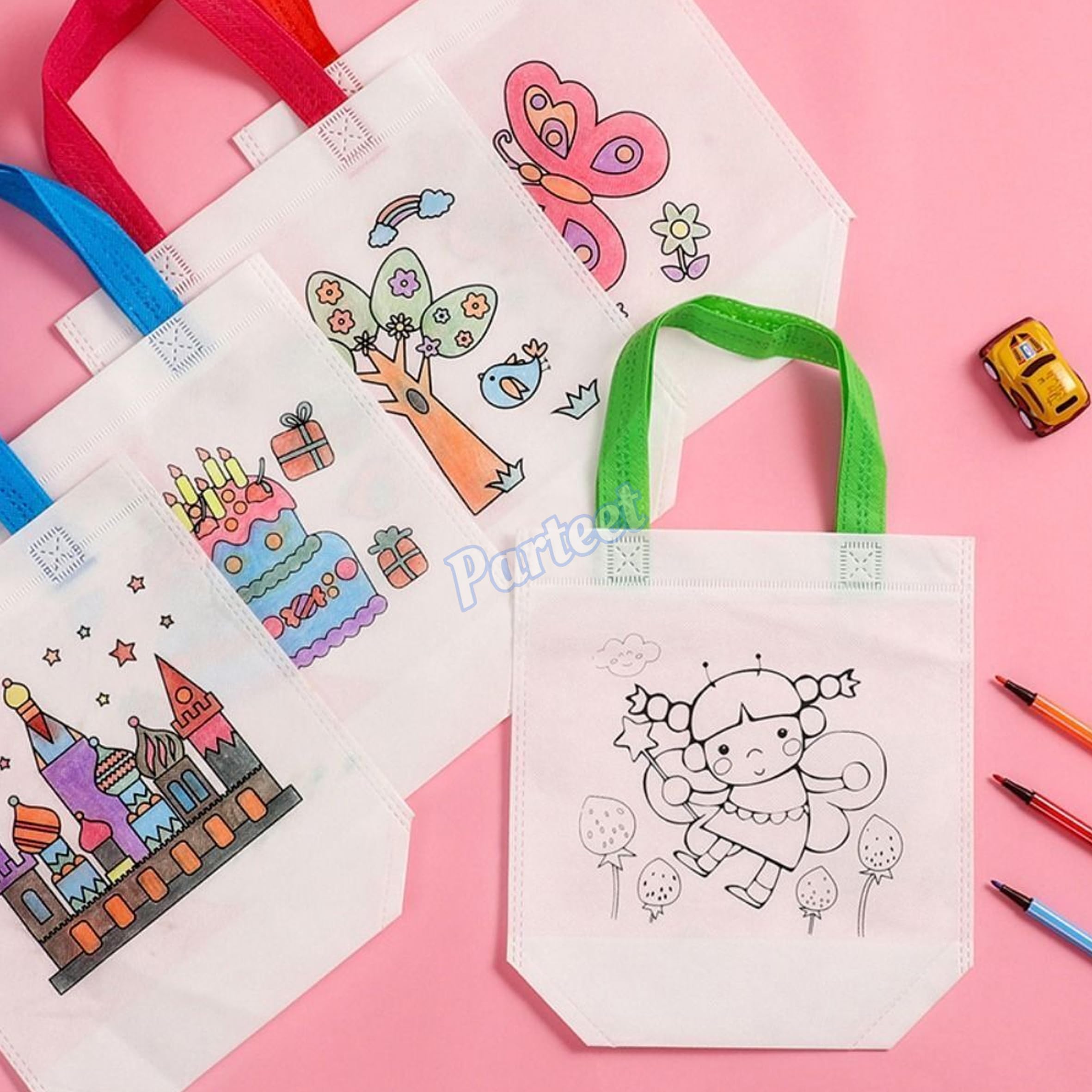 PARTEET Cartoon Themed Party Favor Bags - Medium Size Pink Gift Bags for Birthday, Baby Shower & Kids Party Supplies | Bulk Pack of 20