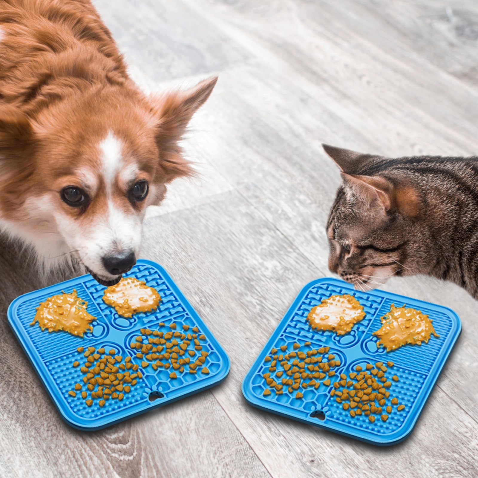 Dog Lick Mat with Suction Cups - 2 Pack Slow Feeder & Anxiety Relief Mat for Dogs and Cats - Non-Slip Pet Food Bowl for Bathing, Grooming, and Enrichment Toys (Blue & Orange) - Perfect for Stress Relief, Mealtime Fun, and Pet Care Routine