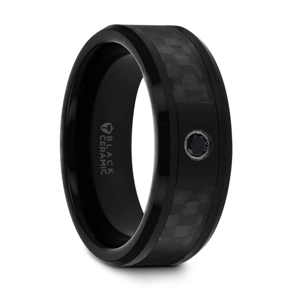 Roy Rose Jewelry Men's Black Ceramic Wedding Band with Black Diamond & Carbon Fiber Inlay - Comfort Fit 8mm Wide Aberdeen Style Ring - Perfect for Engagements, Weddings & Anniversary Gifts