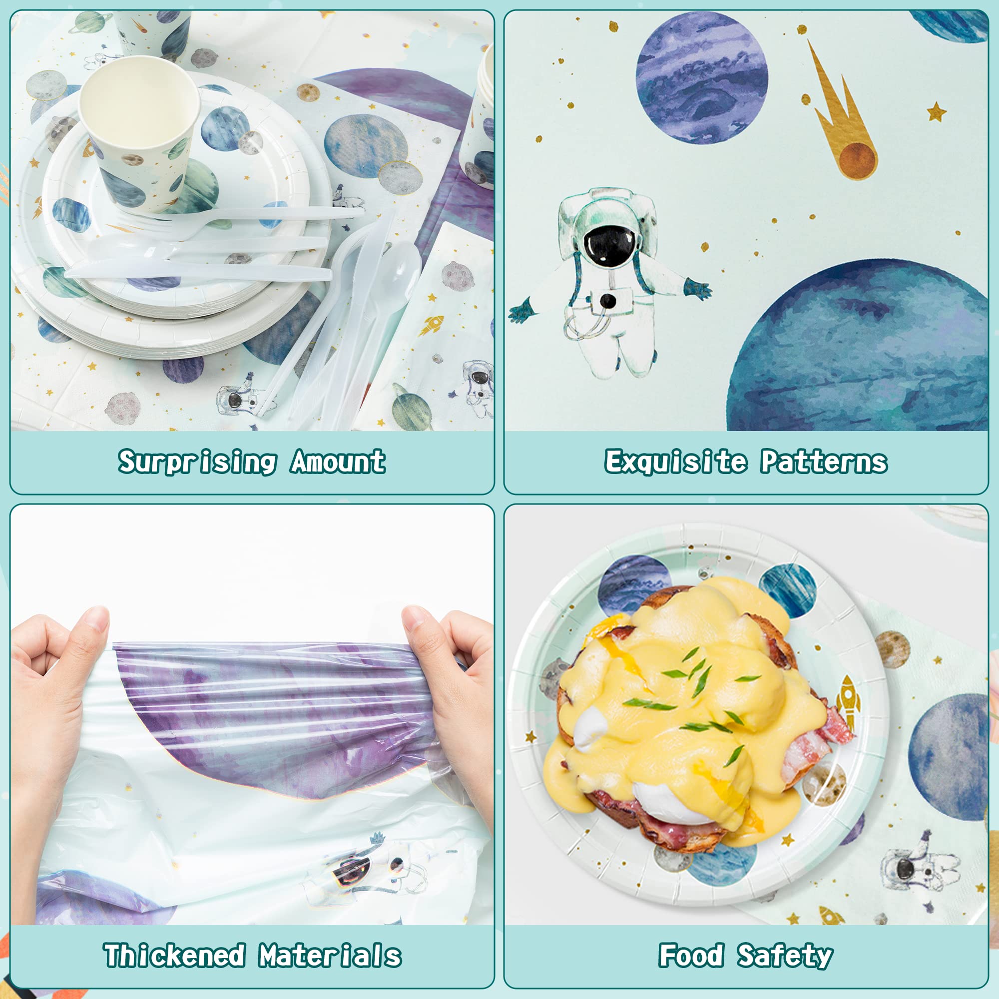 WATINC 170pcs Outer Space Birthday Party Supplies - Solar System Themed Tableware Set with Plates, Napkins, Forks, Cups, Spoons, Knives & Tablecloths for First Trip Around the Sun Celebration | Perfect for Kids Space Themed Birthday Parties, Baby Showers & Cosmic Decorations