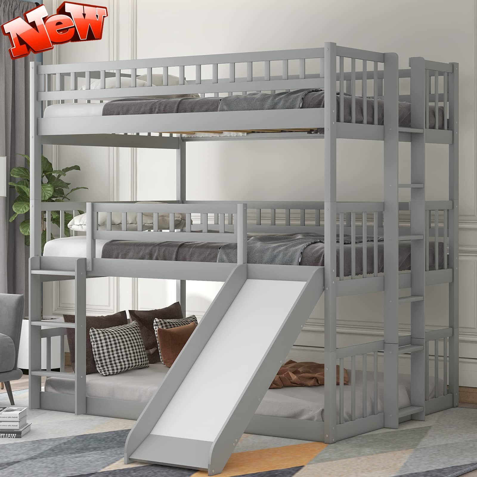 Sturdy Solid Wood Triple Bunk Bed Full Over Full Over Full Size - Heavy Duty Convertible Design with Slide | Easy Assembly Gray Bunk Bed for Kids, Teens & Guest Rooms | Perfect for Space-Saving Bedroom, Dormitory & Vacation Homes