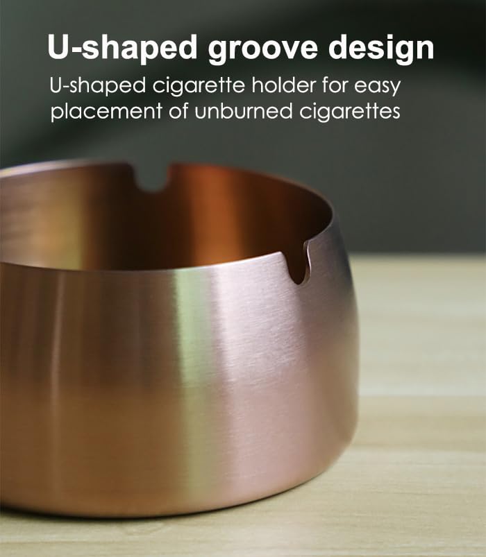 AKOAK 1 Pack Premium Rose Gold Stainless Steel Ashtray - Thickened Round Design, Anti-Slip & Heat Resistant (350°F) - Perfect for Office Desk, Living Room, Patio, and Outdoor Smoking Areas