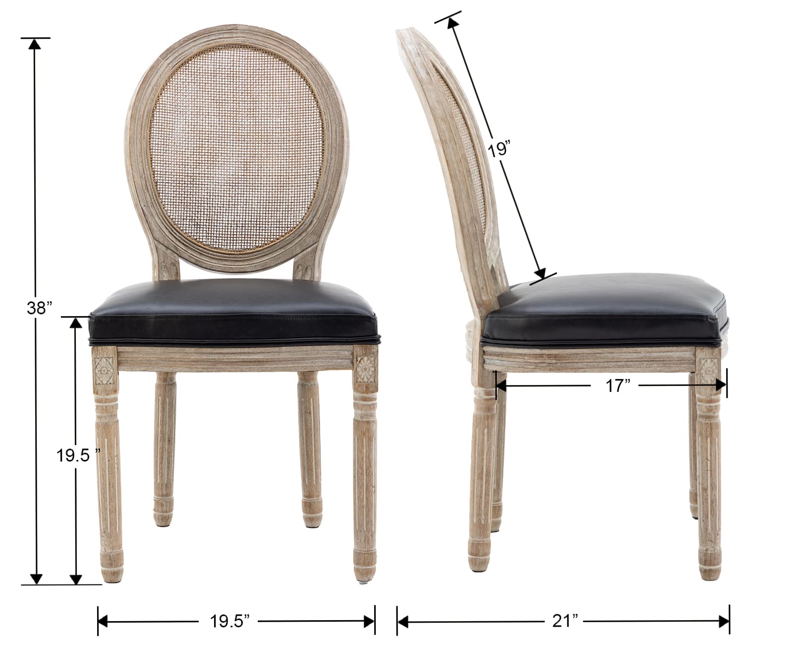 Kmax Dining Room Chairs Set of 2 - PU Leather French Chairs with Rattan Round Back for Kitchen, Living Room & Farmhouse Decor - Black | Elegant Seating for Dining, Entertaining & Home Office