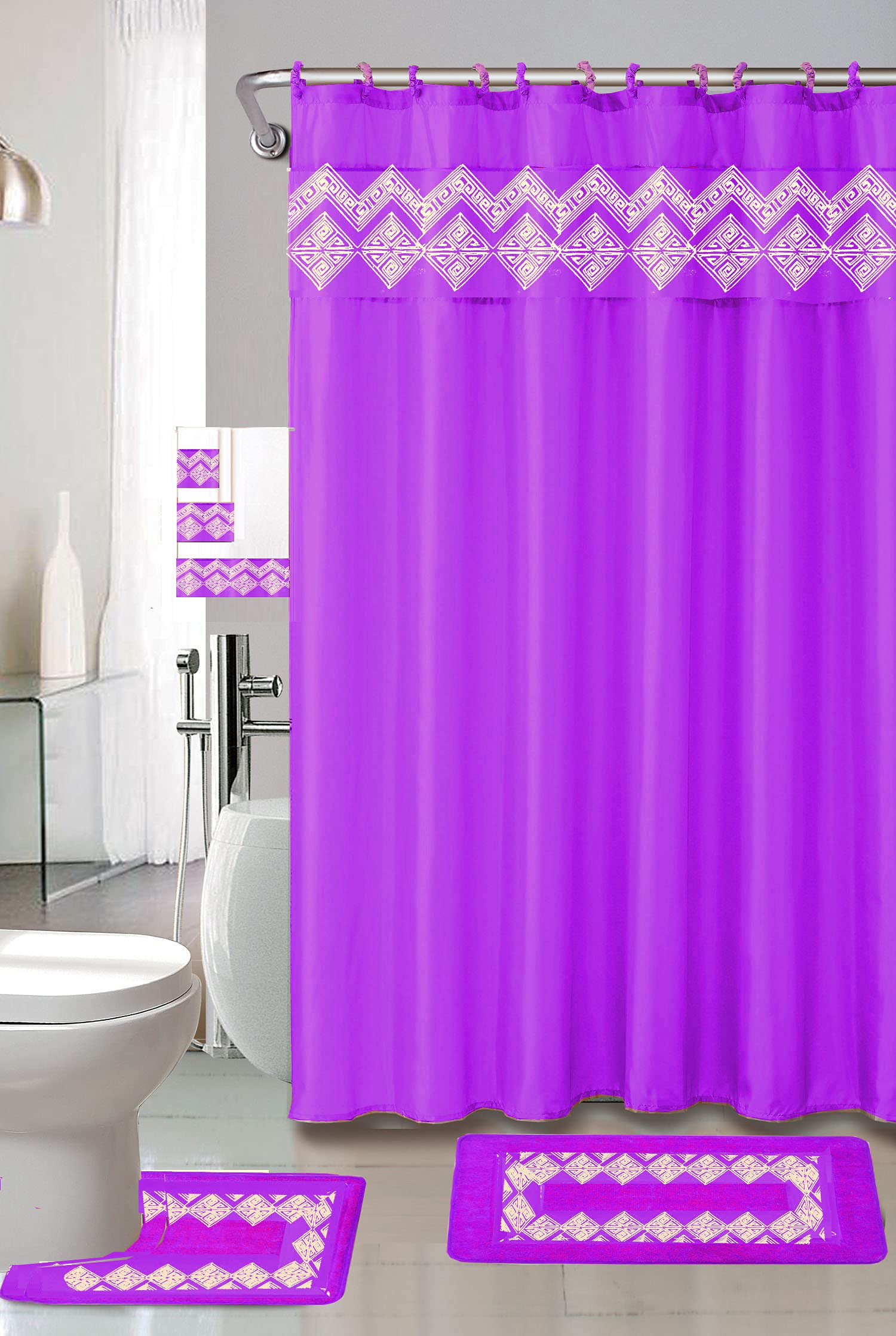 Empire Home 18-Piece Vibrant Diamond Bathroom Set - Soft Bath Rugs, Shower Curtain Hooks & 3-Piece Towel Set in Purple - Luxury Bathroom Decor for Modern Homes & Guest Bathrooms