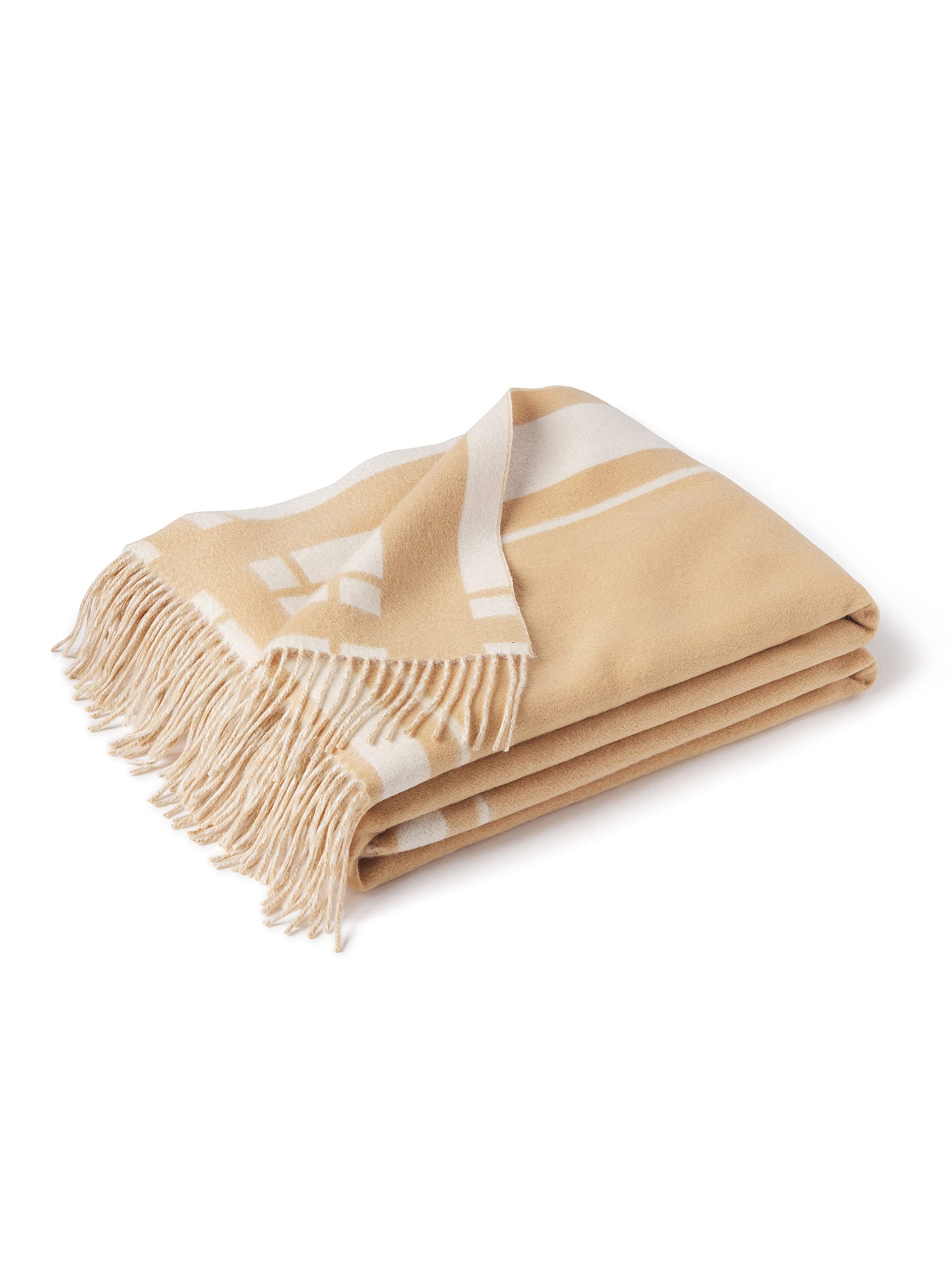 Luxury Reversible Cashmere Throw Blanket with Fringes - Ultra Soft Merino Wool & Mongolian Cashmere Blanket for Sofa, Bed & Home Decor - Warm Winter Accent Blanket (Camel/Beige, 70x50 Inches) - Perfect for Cozy Evenings, Gift Giving & Interior Styling