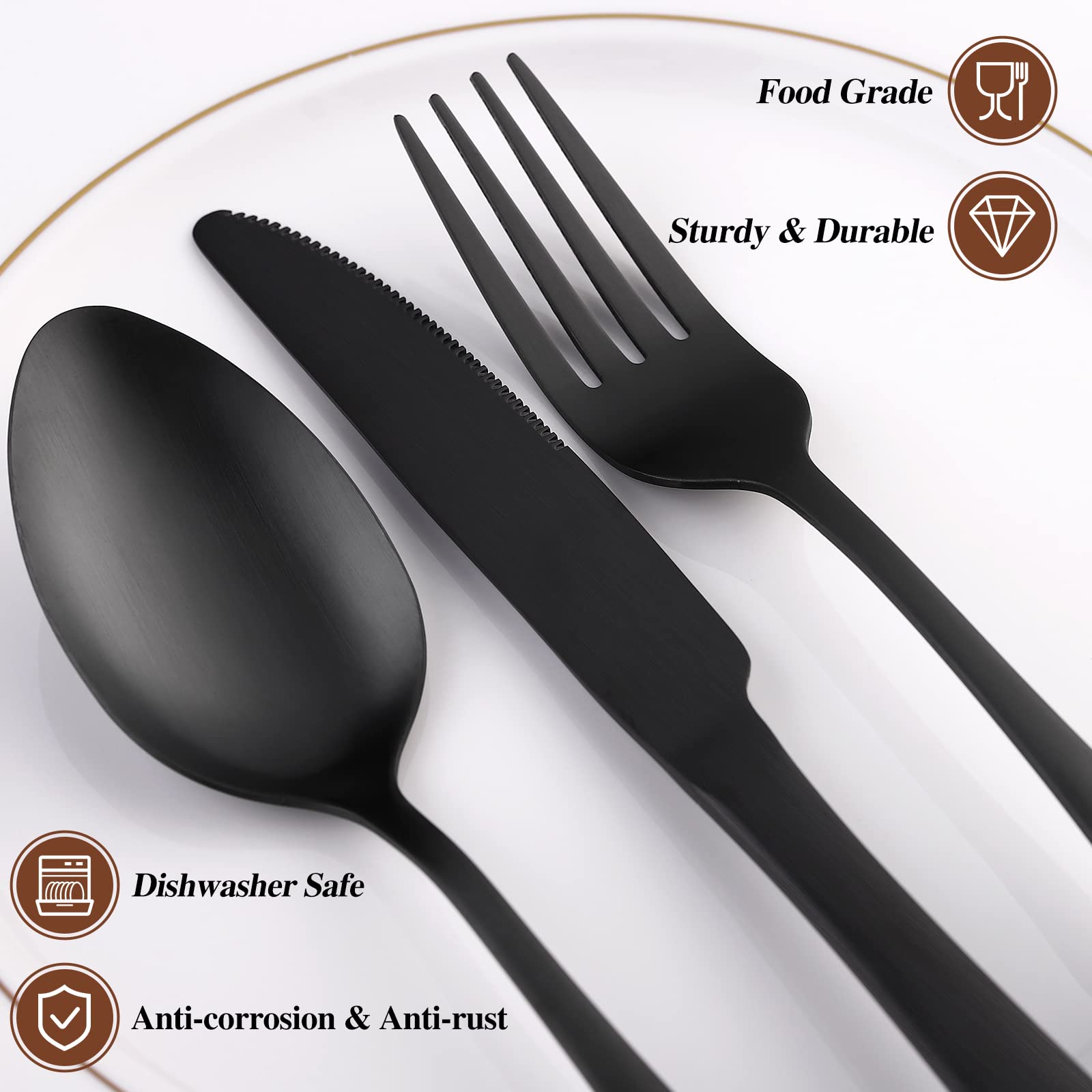 Premium 40-Piece Matte Black Flatware Set for 8 - SANLUNS Stainless Steel Silverware Set with Satin Finish - Dishwasher Safe Cutlery Set Includes Dinner Knives, Forks & Spoons - Elegant Tableware for Restaurants, Weddings & Fine Dining at Home