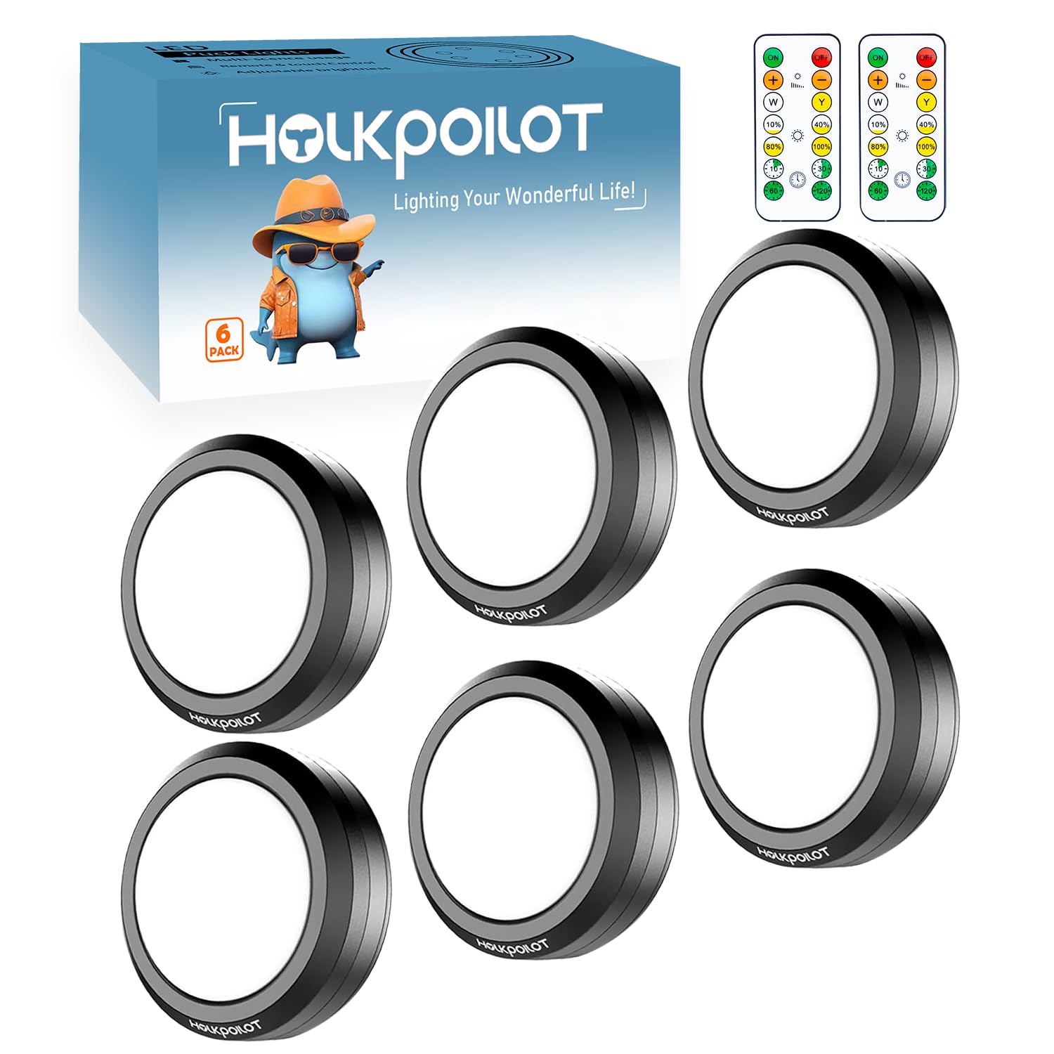 HOLKPOILOT Puck Lights with Remote, 6 Pack LED Under Cabinet Lighting, Battery Operated Push Lights, Stick on Lights for Cupboard, Cabinet, Closet, Shelf - Perfect for Kitchen, Bedroom, Stairs, and Wardrobe