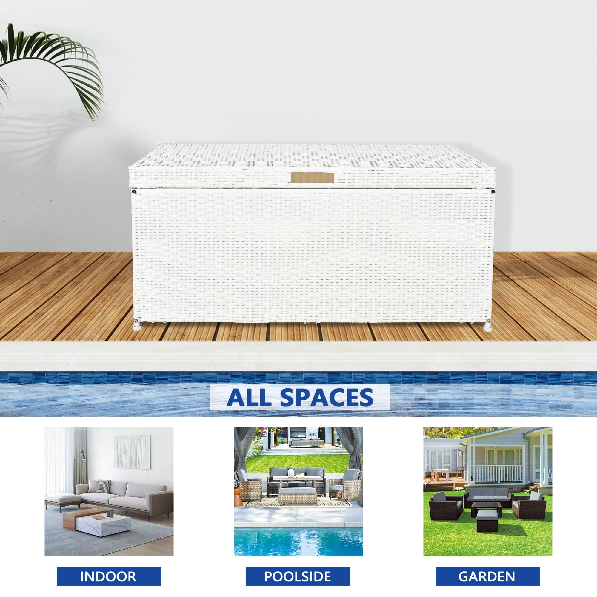 70 Gallon Outdoor Wicker Deck Storage Box with Lid - Weatherproof Patio Furniture Organizer for Cushions, Toys & Pool Accessories - White