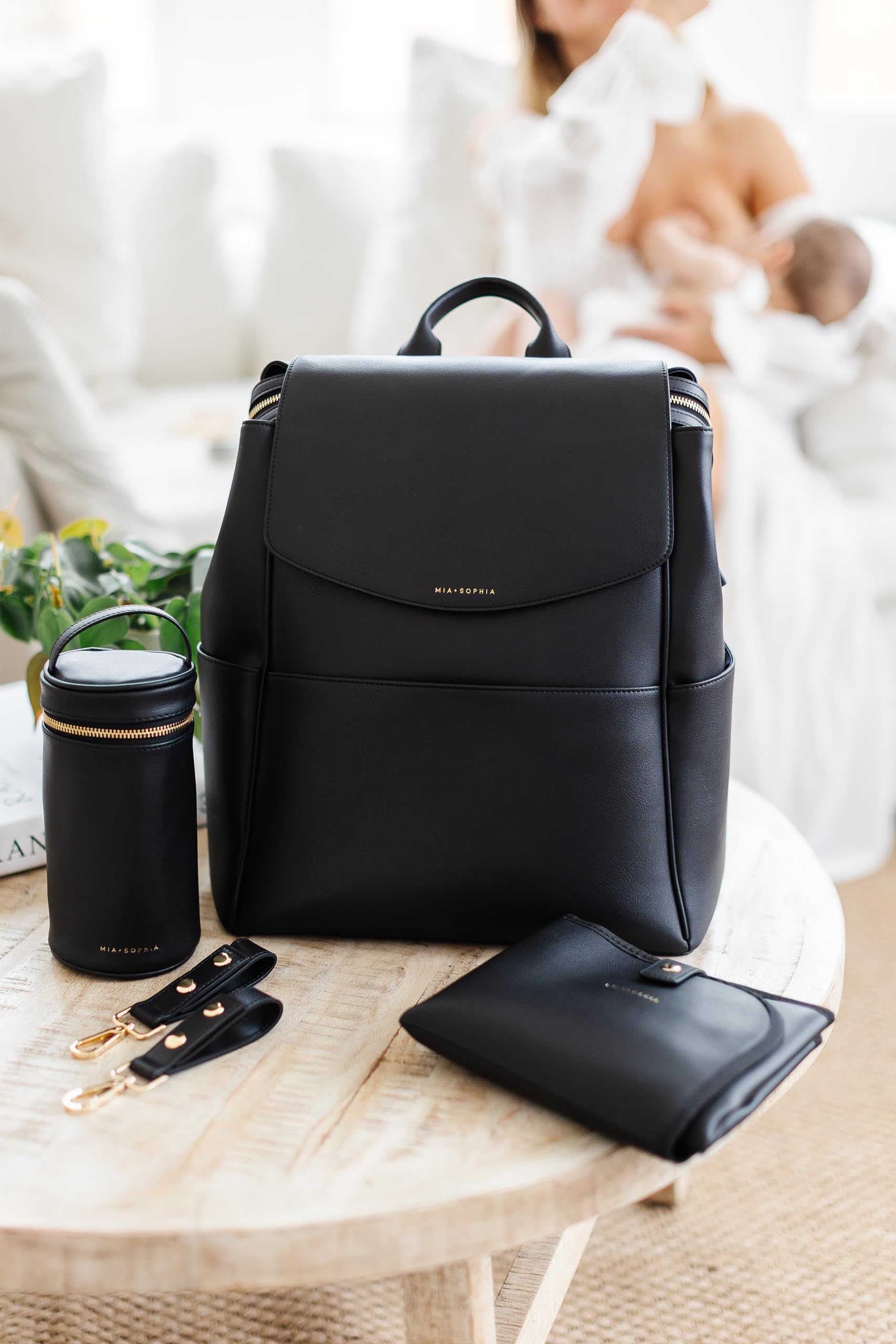 Premium Leather Diaper Bag Backpack with USB Charging Port, Insulated Bottle Pocket & Stroller Straps - Includes Changing Pad - Perfect for Baby Essentials Organization (Black Olivia) - Ideal for Travel, Daycare & On-the-Go Parents