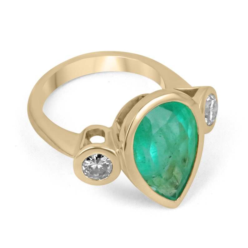 8.0tcw 18K Gold Pear Teardrop Emerald & Round Diamond Three Stone Ring for Engagement, Wedding, Anniversary - Elegant Jewelry Gift for Women