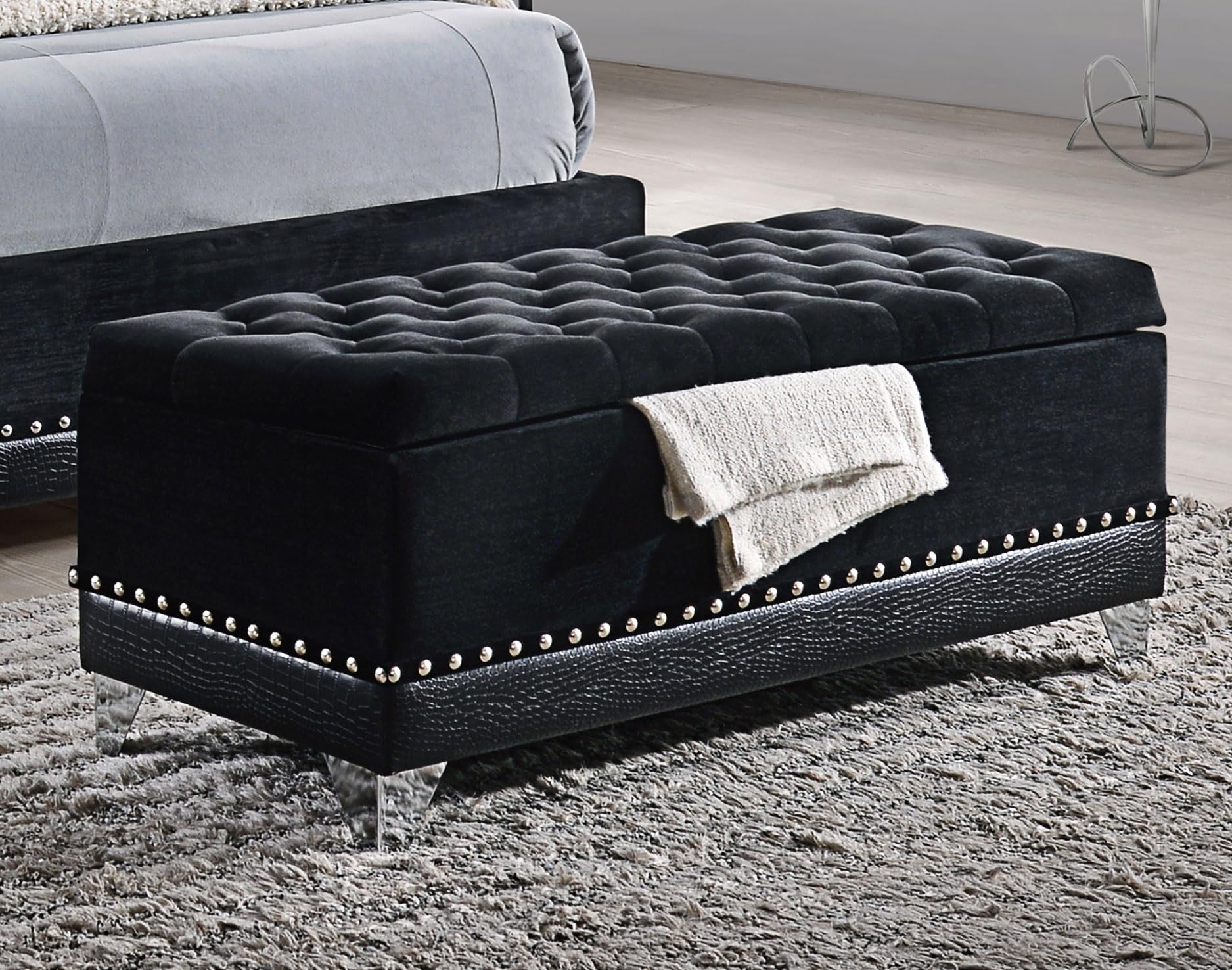 Barzini Modern Classic Rectangular Velvet Upholstered Tufted Storage Bench with Chrome Legs - Bedroom Organizer, Living Room Seating & Entryway Storage Solution - Black (300644)