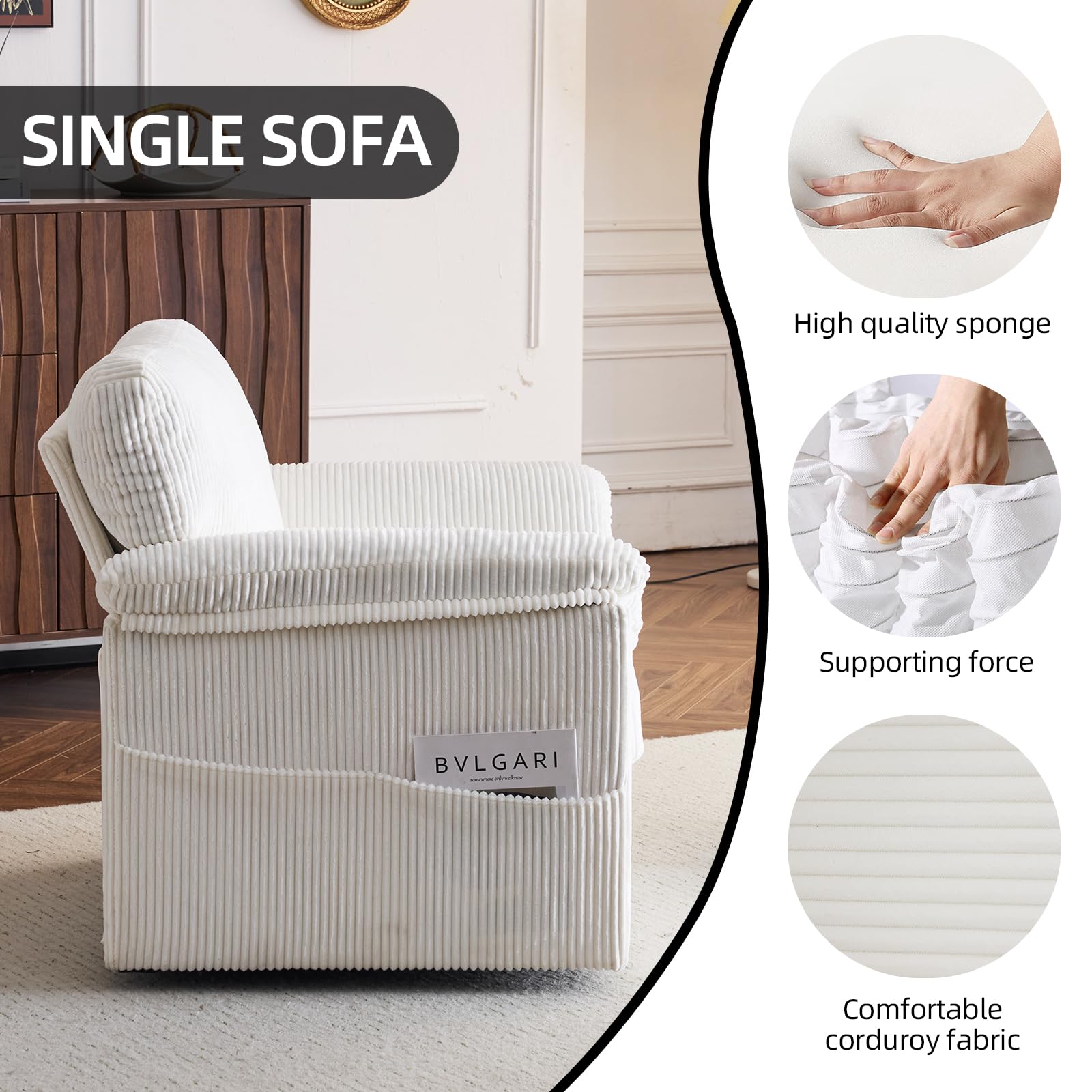 Modern 360° Swivel Accent Chair with Soft Corduroy Fabric - Compact Armchair for Small Spaces, Living Room, Bedroom & Apartment (Beige) - Perfect for Reading Nooks, Home Offices & Cozy Relaxation