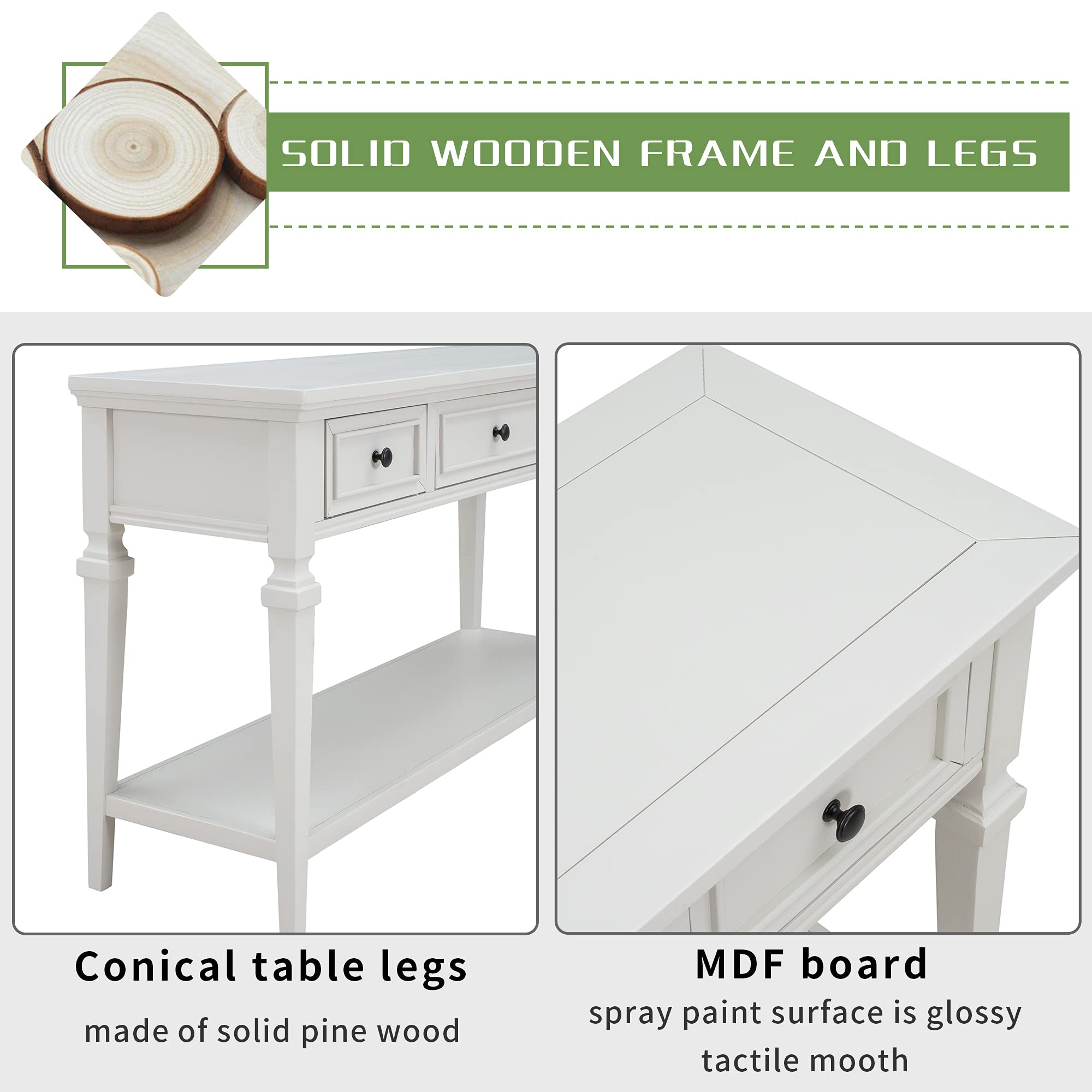 Modern Solid Wood Console Table - Entryway Sofa Table with 3 Drawers & Open Shelf, Easy Assembly, Antique White - Perfect for Hallway, Living Room & Home Decor