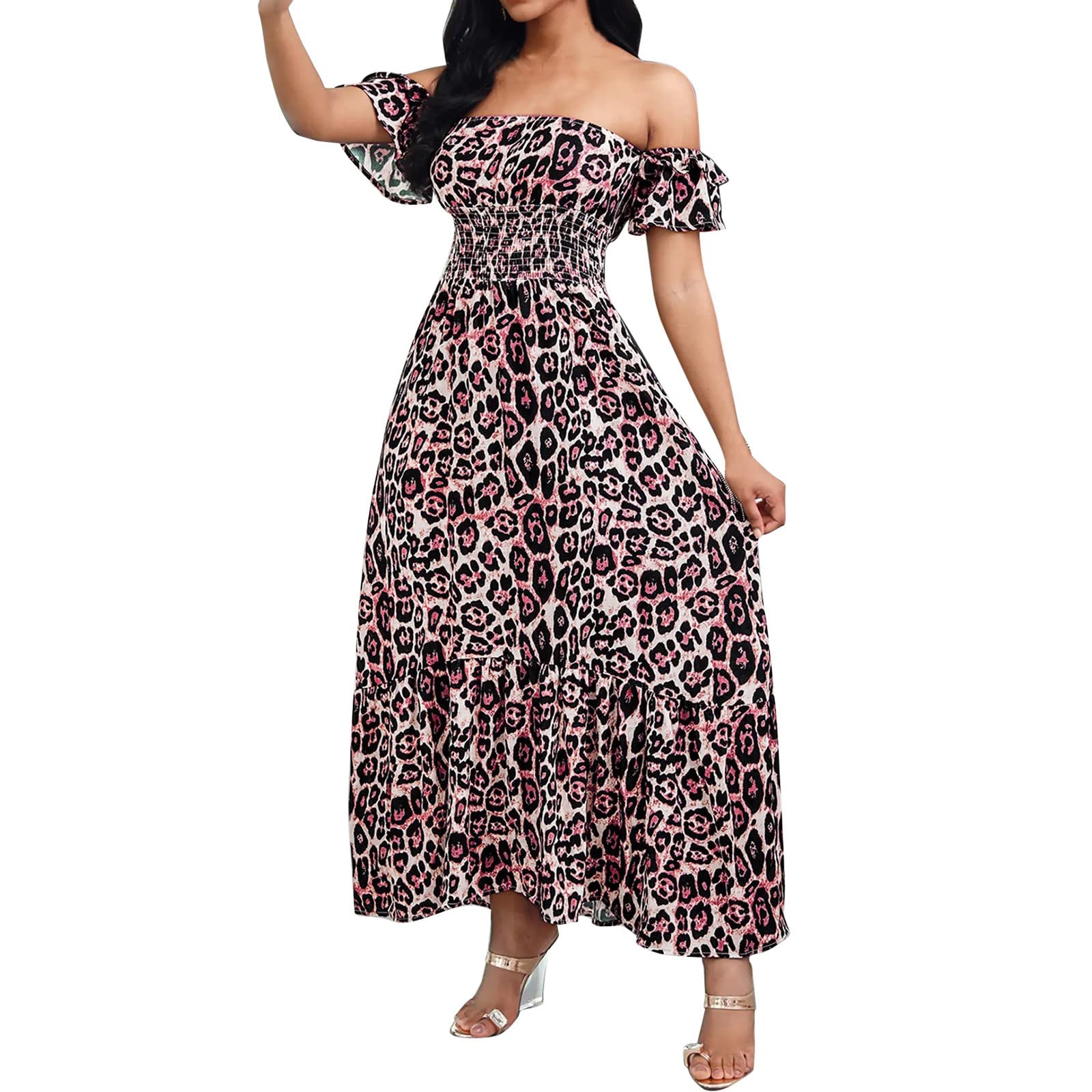 Women's Summer Casual Leopard Print Off-Shoulder Sleeveless Maxi Dress - Perfect for Beach Vacations, Pool Parties & Date Nights