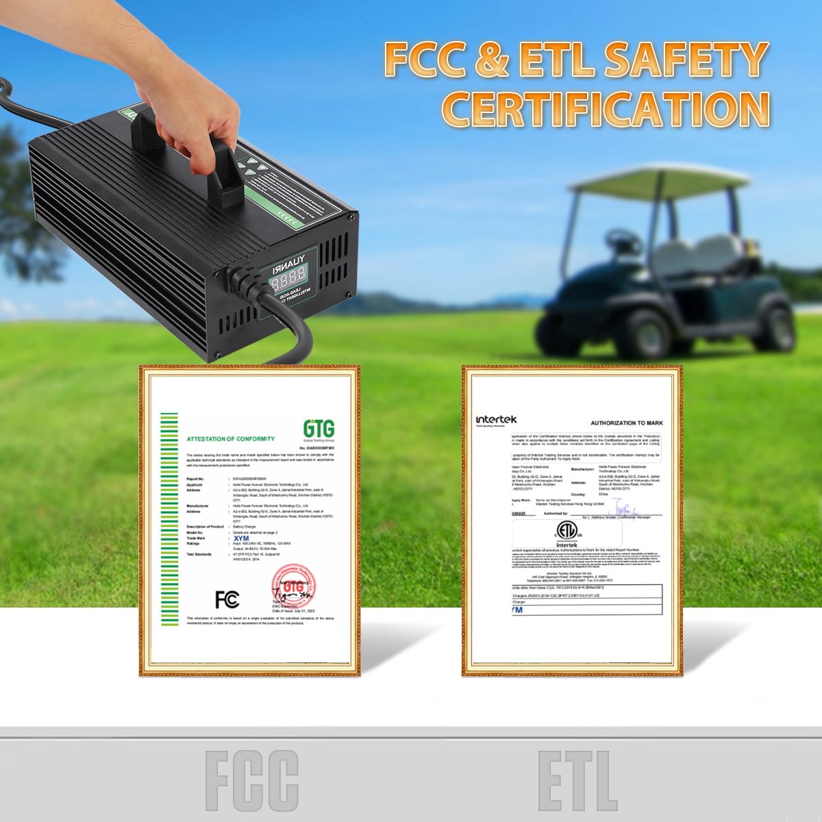 48V EZGO Golf Cart Charger 15AMP with LCD Display - Compatible with EZGO RXV & TXT Models - 16FT Cable & 3-Pin Triangular Plug - Lead-Acid Battery Charger for Home, Golf Course & RV Use