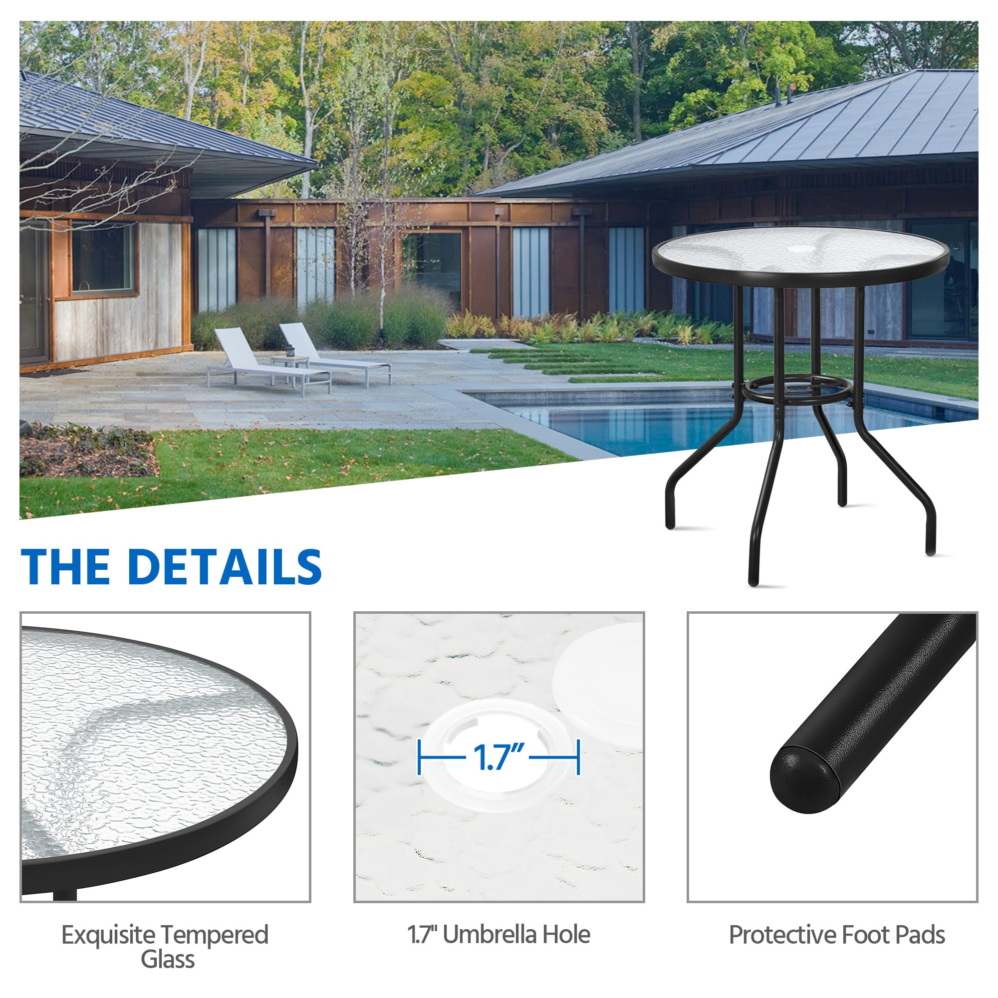 Yaheetech 31.5 Inch Round Outdoor Bistro Table with Tempered Glass Top & Umbrella Hole - Durable Iron Frame Patio Coffee Table for Balcony, Backyard, Garden, Poolside & Outdoor Dining