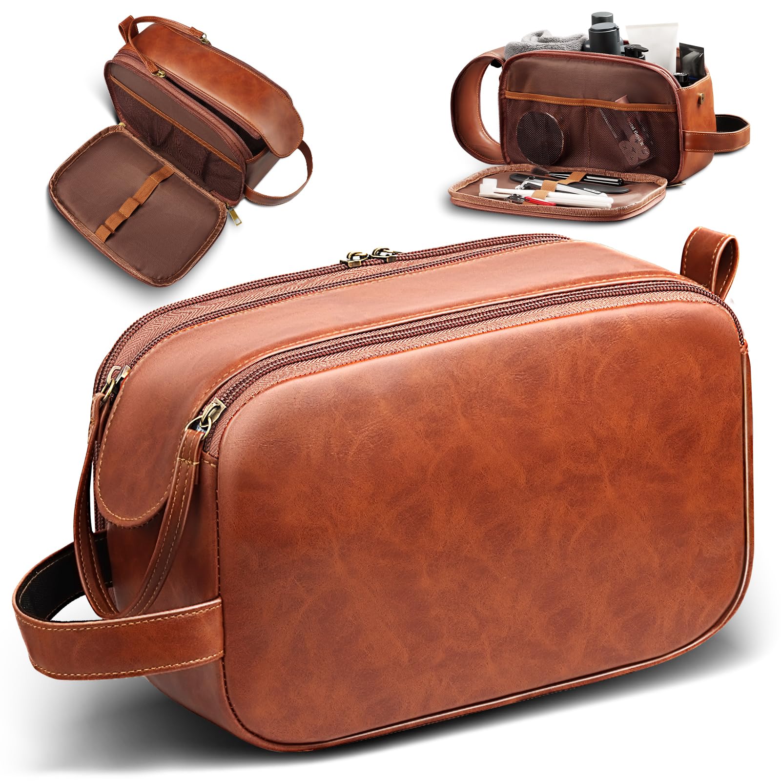 HOTOR Waterproof Leather Travel Toiletry Bag for Women & Men - Compact Toiletries Organizer with Handle, Cruise & Airplane Essentials, Brown Medium Size - Perfect for Weekend Trips, Business Travel & Vacation Packing