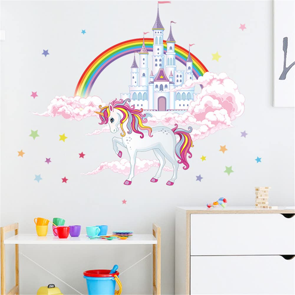 Unicorn Wall Stickers & Decals with Rainbow Castle - Removable Wall Art Decor for Kids, Boys, Girls Bedroom, Nursery, Party - Perfect for Home Decoration, Birthday Parties & Kids Room Themes