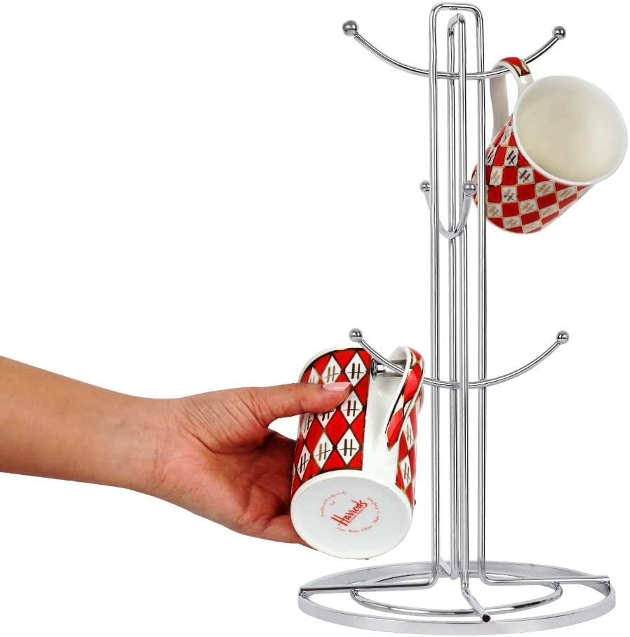 Premium Stainless Steel Cup Mug Tree Stand & Paper Towel Holder Set of 6 - Space-Saving Kitchen Storage Rack for Coffee & Tea Cups - Ideal for Small Kitchens, Office Break Rooms & Dorm Organization (Silver)