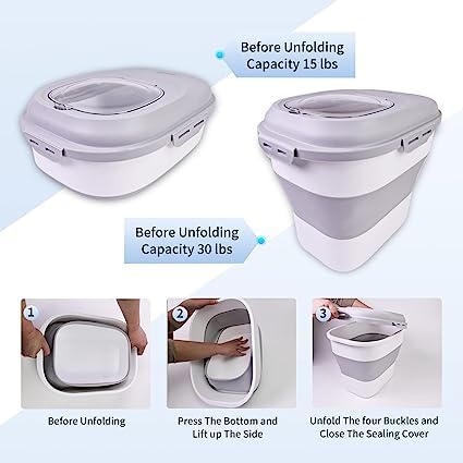 Foldable 30Lb Pet Food Storage Container with Measuring Cup - Airtight Plastic Bin for Dog, Cat & Fish Food - Sealed Lid & Wheels for Easy Transport - Perfect for Home, Kitchen & Pet Supplies Organization