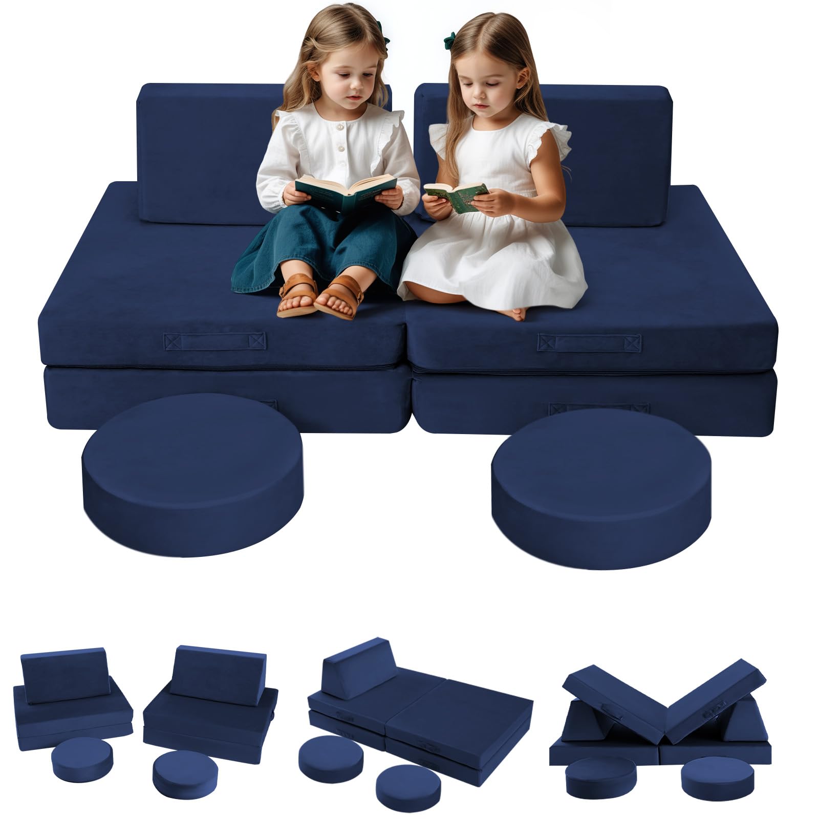 MeMoreCool Modular Kids Play Couch - Navy Blue Foam Sofa for Toddlers & Children | Playroom Furniture for Building Forts, Reading Nook & Indoor Playtime
