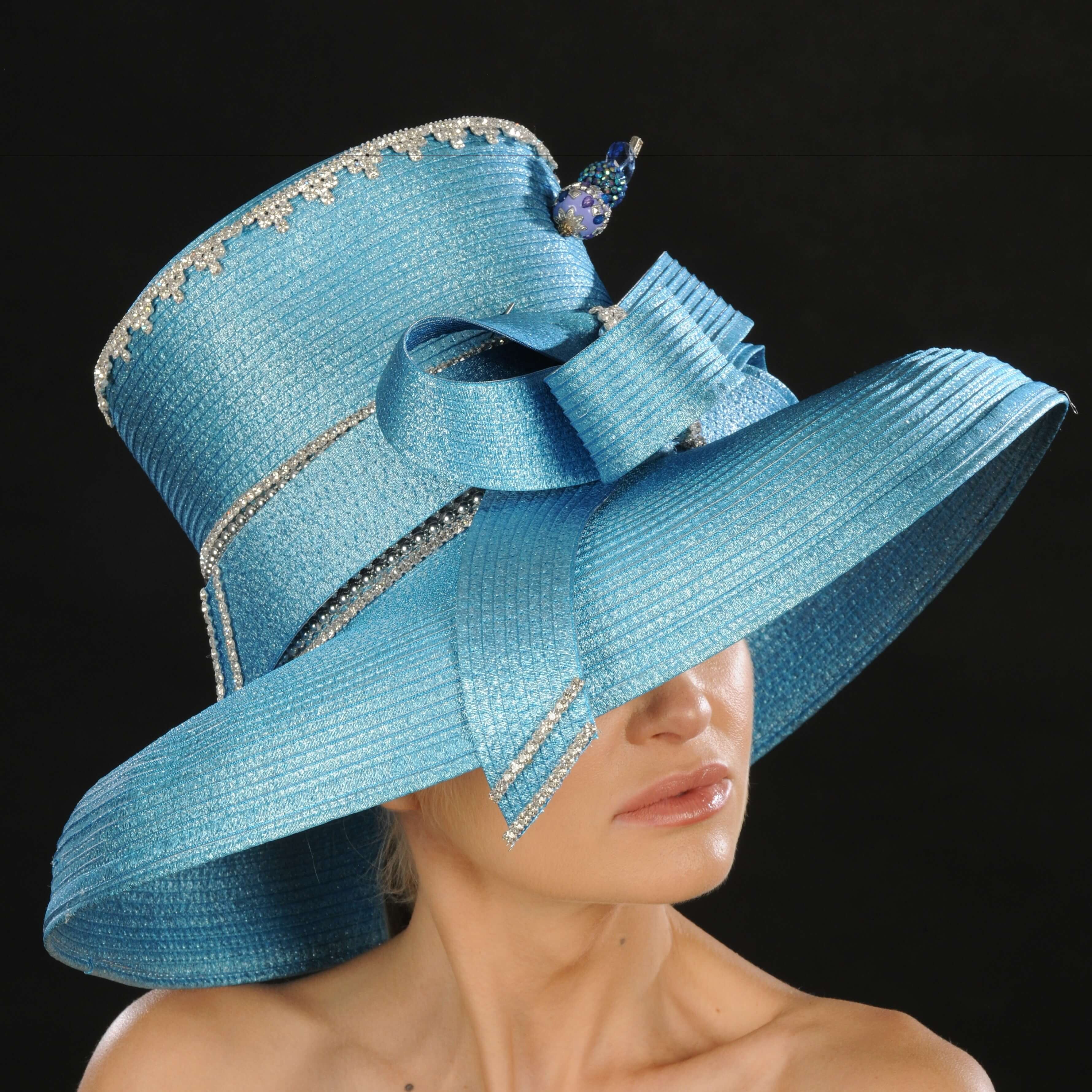 Blue Satin Ladies Dress Hat - Elegant Wide Brim Sun Hat for Women - Perfect for Weddings, Beach Outings & Summer Fashion