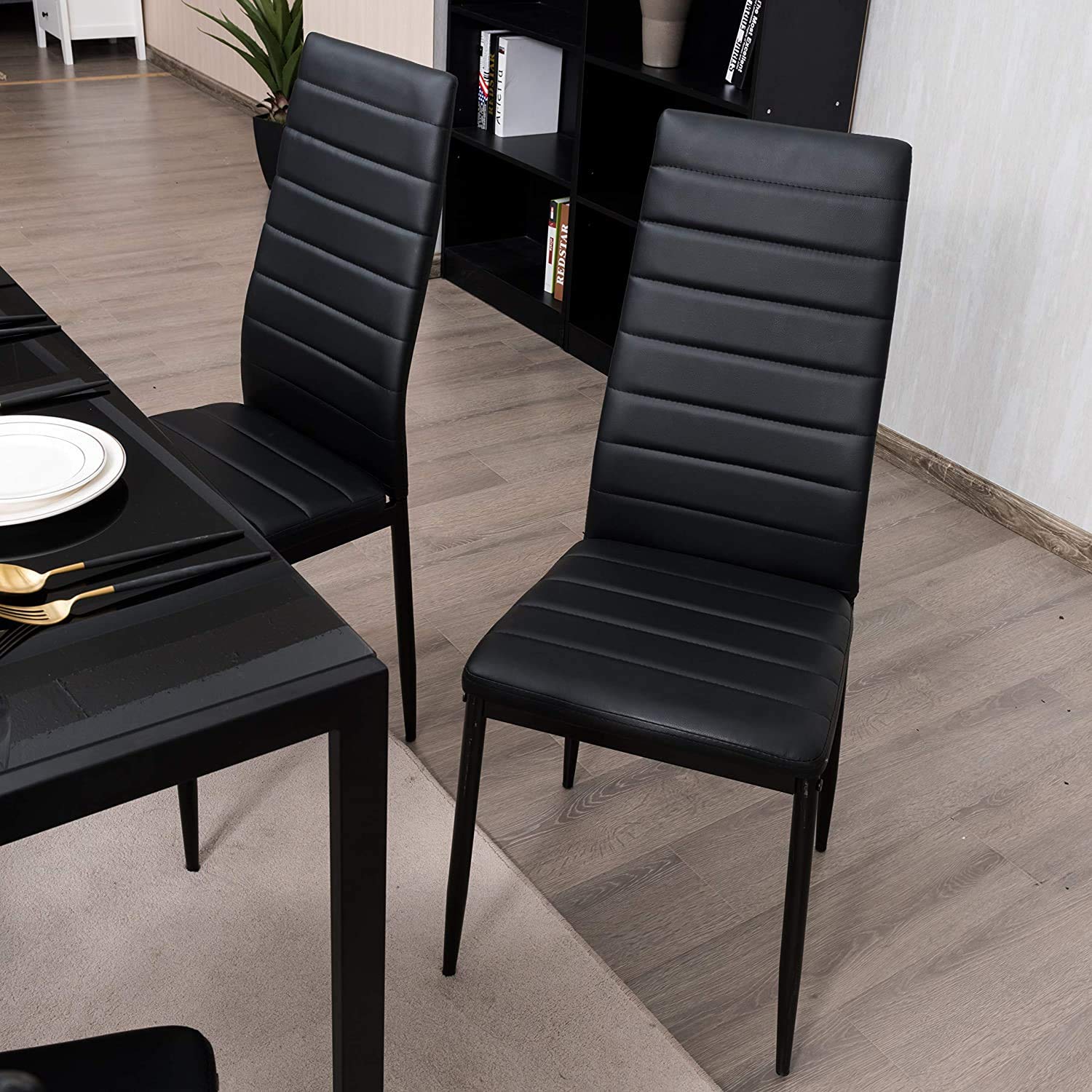 4-Piece Faux Leather Dining Chairs with Metal Frame - Modern Kitchen & Dining Room Furniture Set in Black (Set of 4) - Perfect for Home, Restaurant, and Office Use