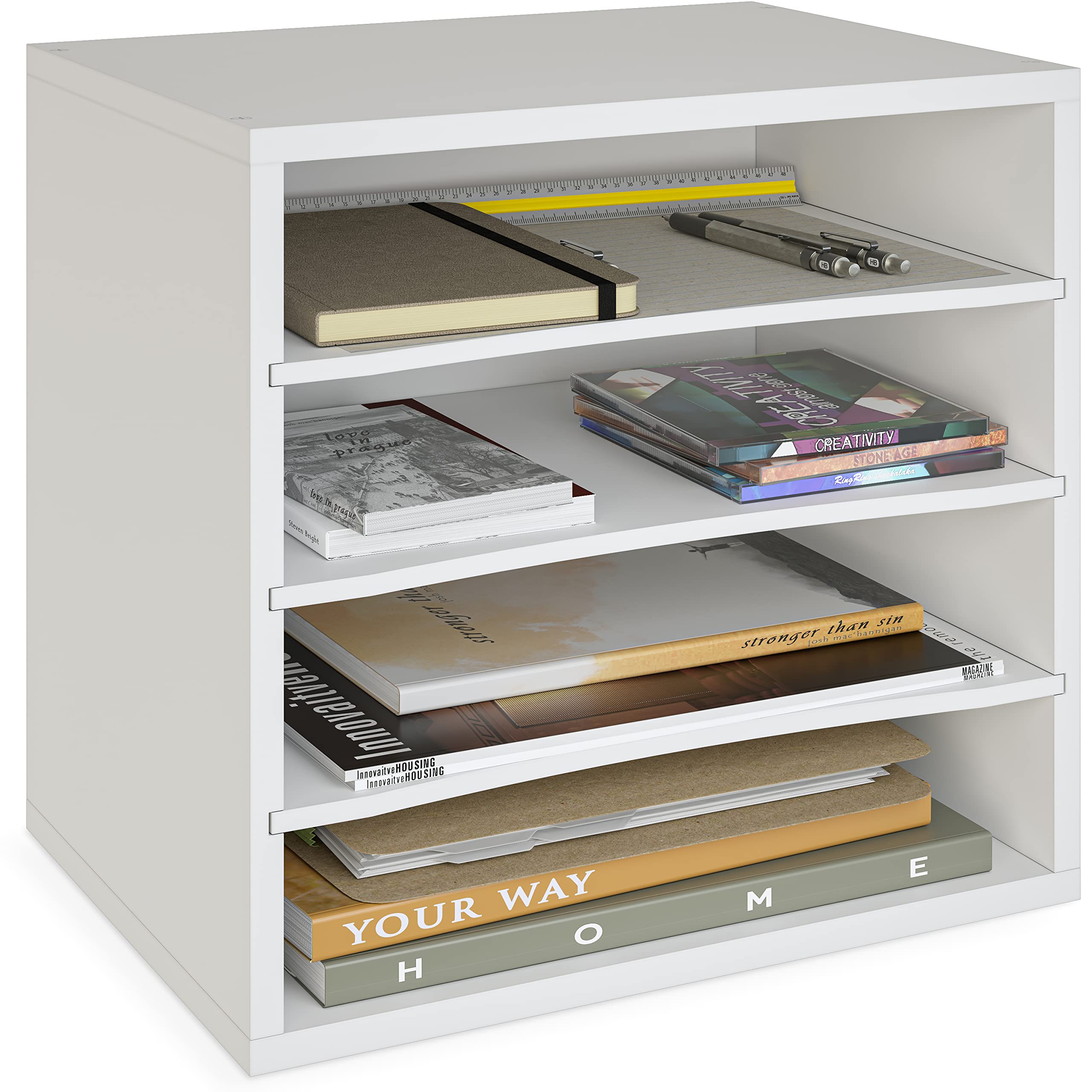 Ballucci 4-Tier Stackable Paper Organizer Tray - White Desk Storage Shelves for Letter, Documents & Files - Perfect for Office, Classroom & Home Workspace Organization