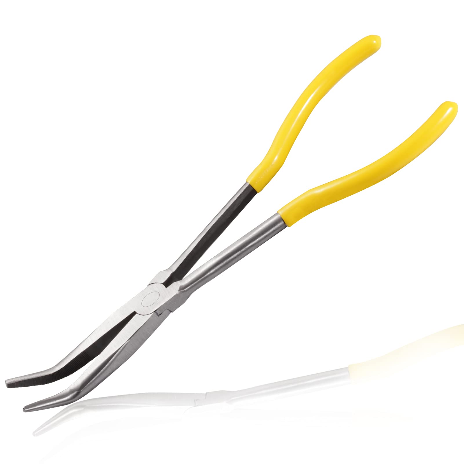 45 Degree Angle Long Reach Bent Nose Pliers with Serrated Jaws - 11 Inch Needle Nose Pliers for Hard to Reach Narrow Spaces & Tight Clearance Areas - Perfect for Electronics Repair, Jewelry Making, and DIY Crafts