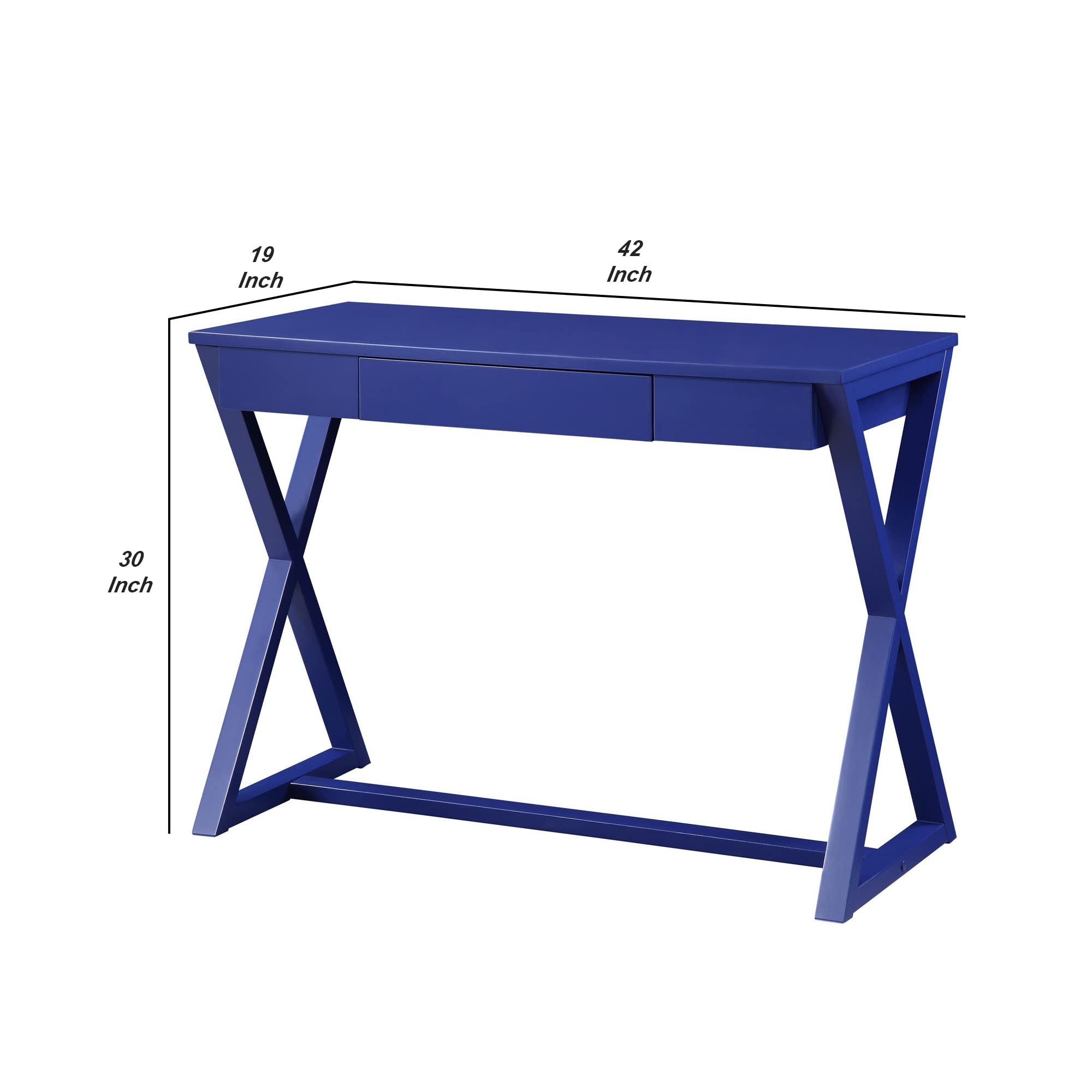 Benjara Blue Writing Desk with X-Shaped Base & Center Drawer - Home Office Furniture for Small Spaces, Study Room & Dormitory