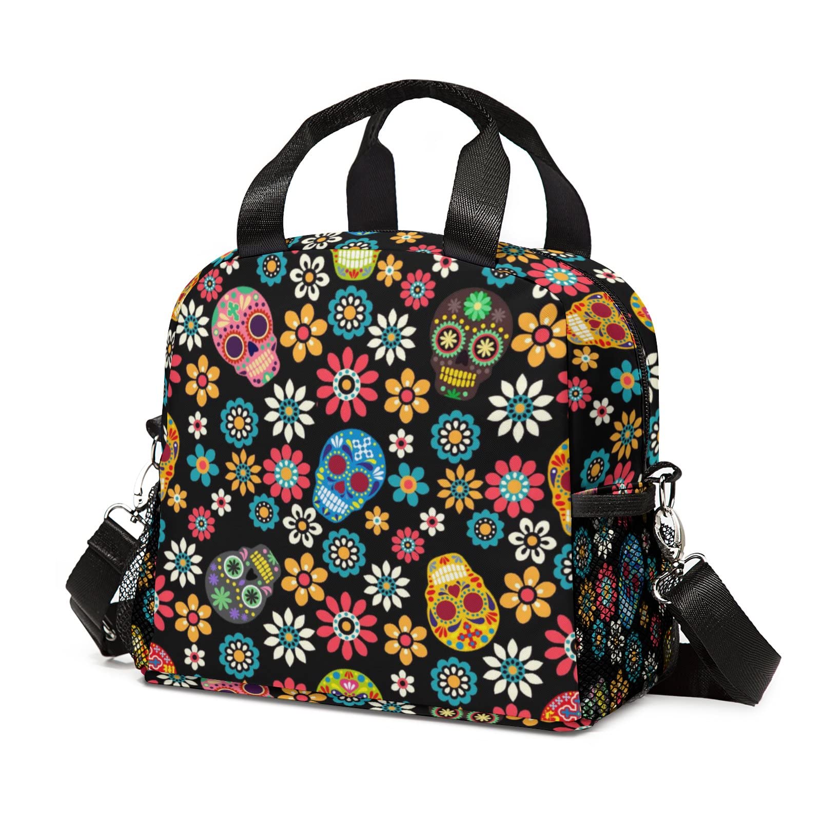 Insulated Sugar Skull Lunch Bag for Women - Thermal Freezable Cooler Tote, Waterproof Lunch Box for Work, Office, School & Picnics