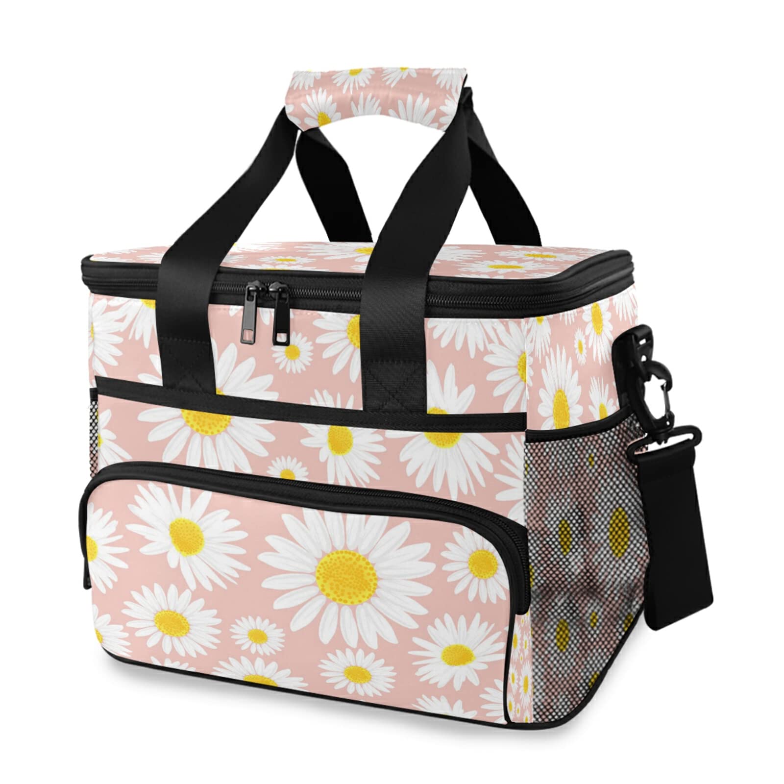 Qilmy Pretty Little Daisies Insulated Lunch Cooler Bag - Reusable Leakproof Lunch Box for School, Work, Picnic & Beach - Detachable Shoulder Strap - Perfect for Office, Travel & Outdoor Activities