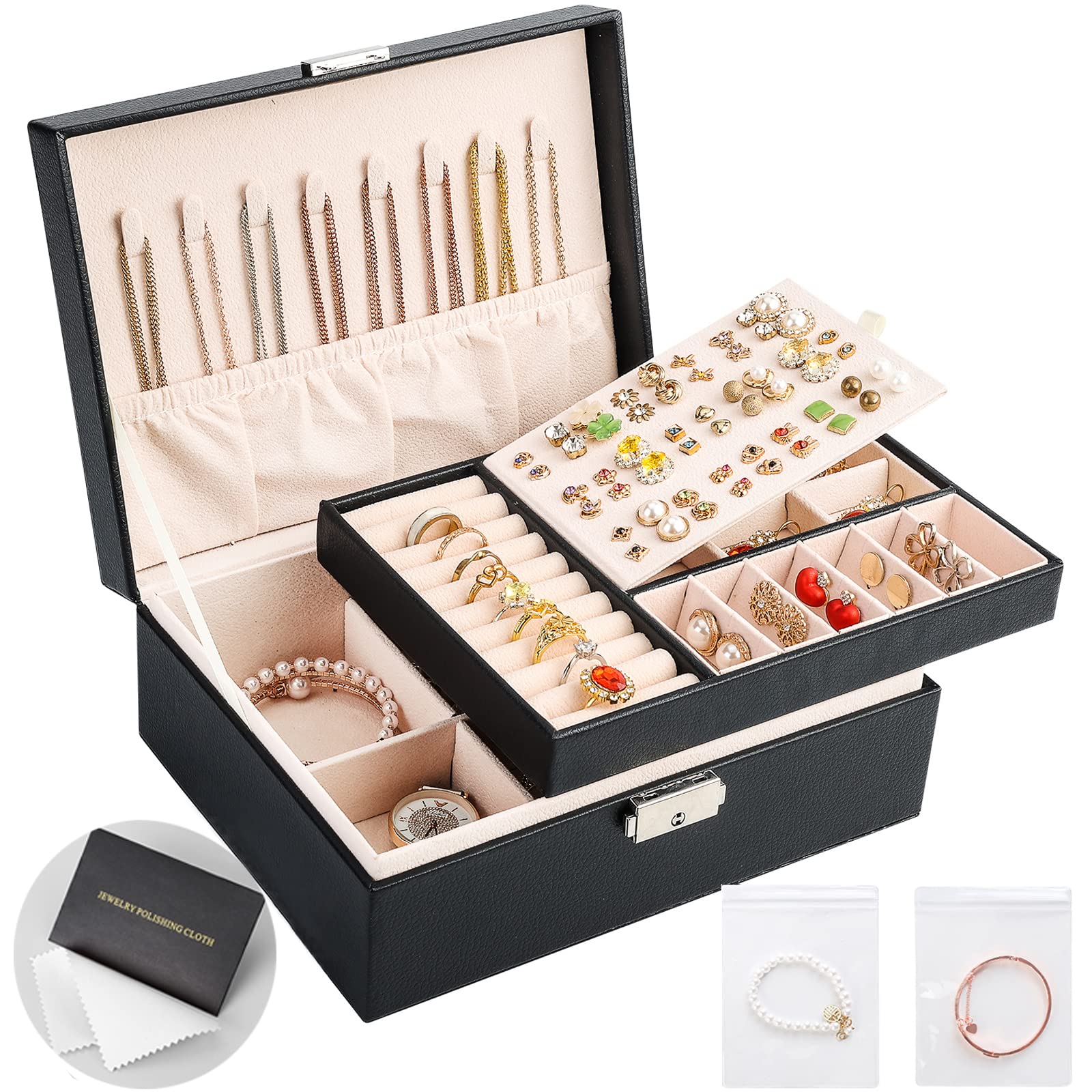 Sanikeon 2-Layer Leather Jewelry Box with Lock & Removable Tray - Jewelry Organizer for Necklaces, Earrings, Rings | Includes Polishing Cloth & Jewelry Bags | Perfect Gift for Women & Girls, Ideal for Travel, Home Storage & Display